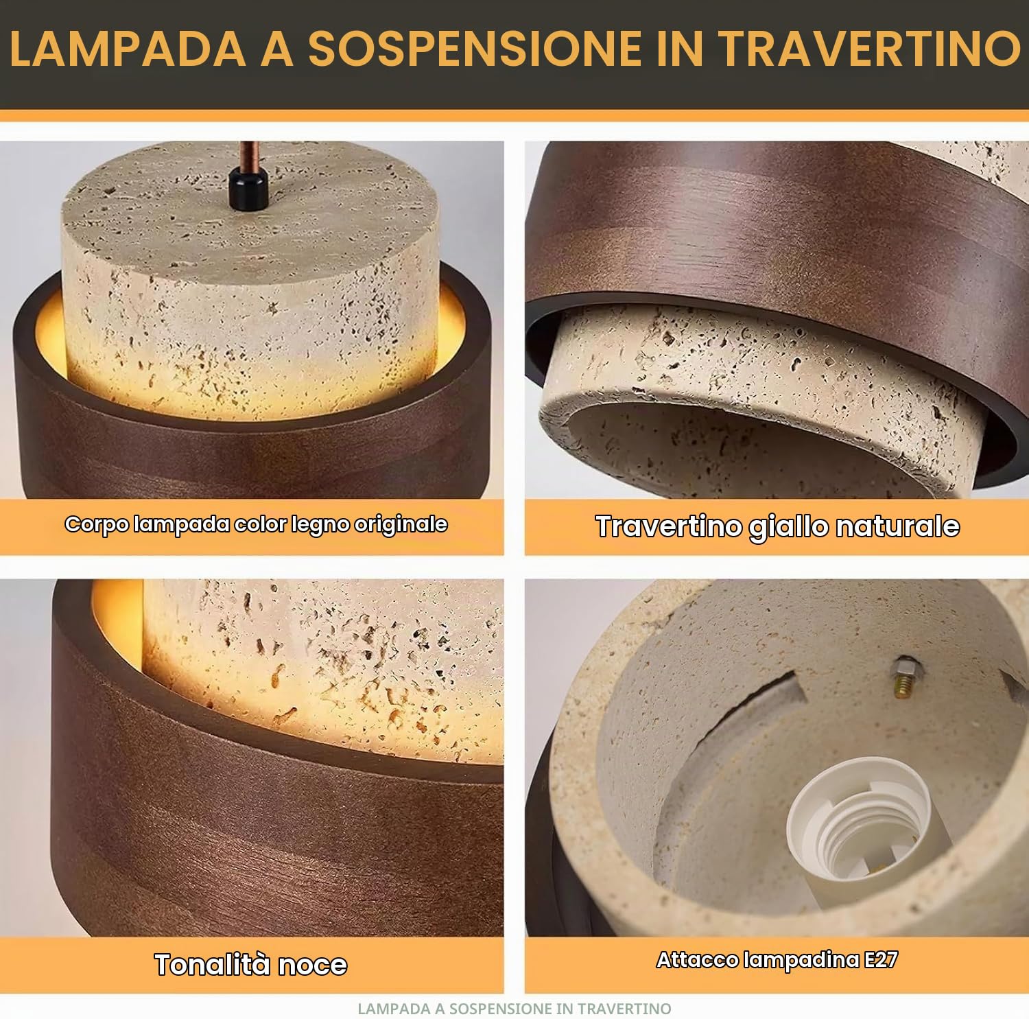 Lampadario A Sospensione in Pietra Naturale Cilindrico Travertino Stile Wabi Sabi E Nordico con Legno per Isola Cucina Decorazione Casa Regolabile Ingresso Camera da Letto Sala da Pranzo(B)