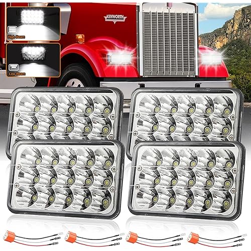 Dot Approved 4x6 Inch LED Headlights 4PCS Hi/Lo Sealed Beam Rectangular Replacement LED Headlights H4651 H4652 H4656 Headlamp for Kenworth KW Peterbil Freightinger Ford Probe Chevy Oldsmobile Cutlass