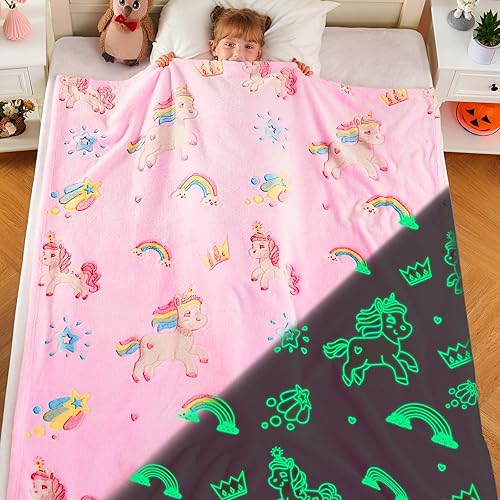 Miniatura 1 de inhand Regalo de unicornio rosa para niña, manta que brilla en la oscuridad, juguetes de unicornio, manta para sofá, manta de forro polar suave,