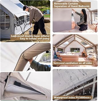 6-8 Person Inflatable Tent for Camping with Windows and Pump Air Glamping Tents for Camping Adult Easy Setup 4 Season Blow Up Tent Waterproof Windproof Outdoor Oxford Cabin Tent