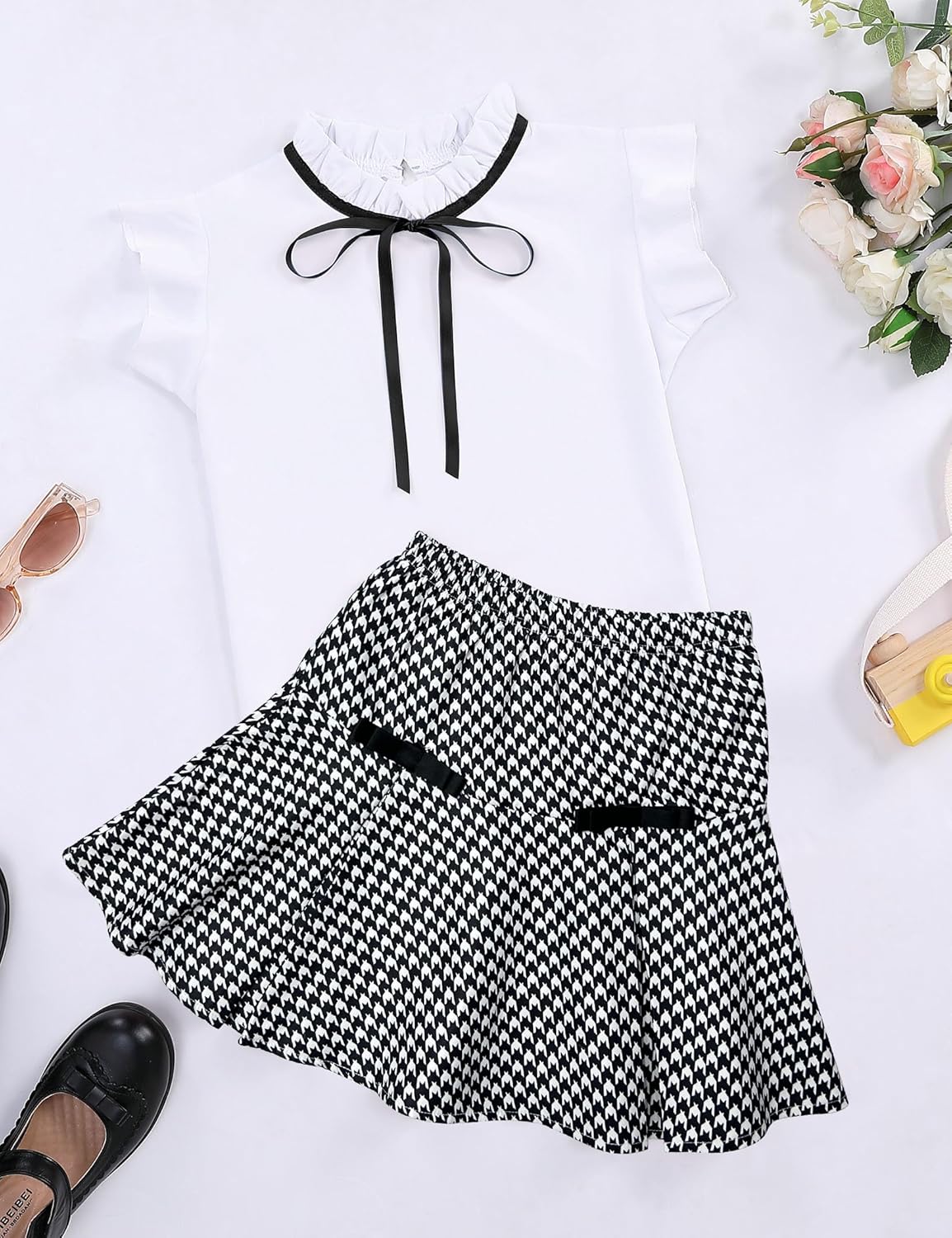 Girl's Skirt Sets 2 Piece Outfit Spring Summer Clothes Peter Pan Collar Tops Ruffle Mini Skirts with Bow 3-12Y - Image 2