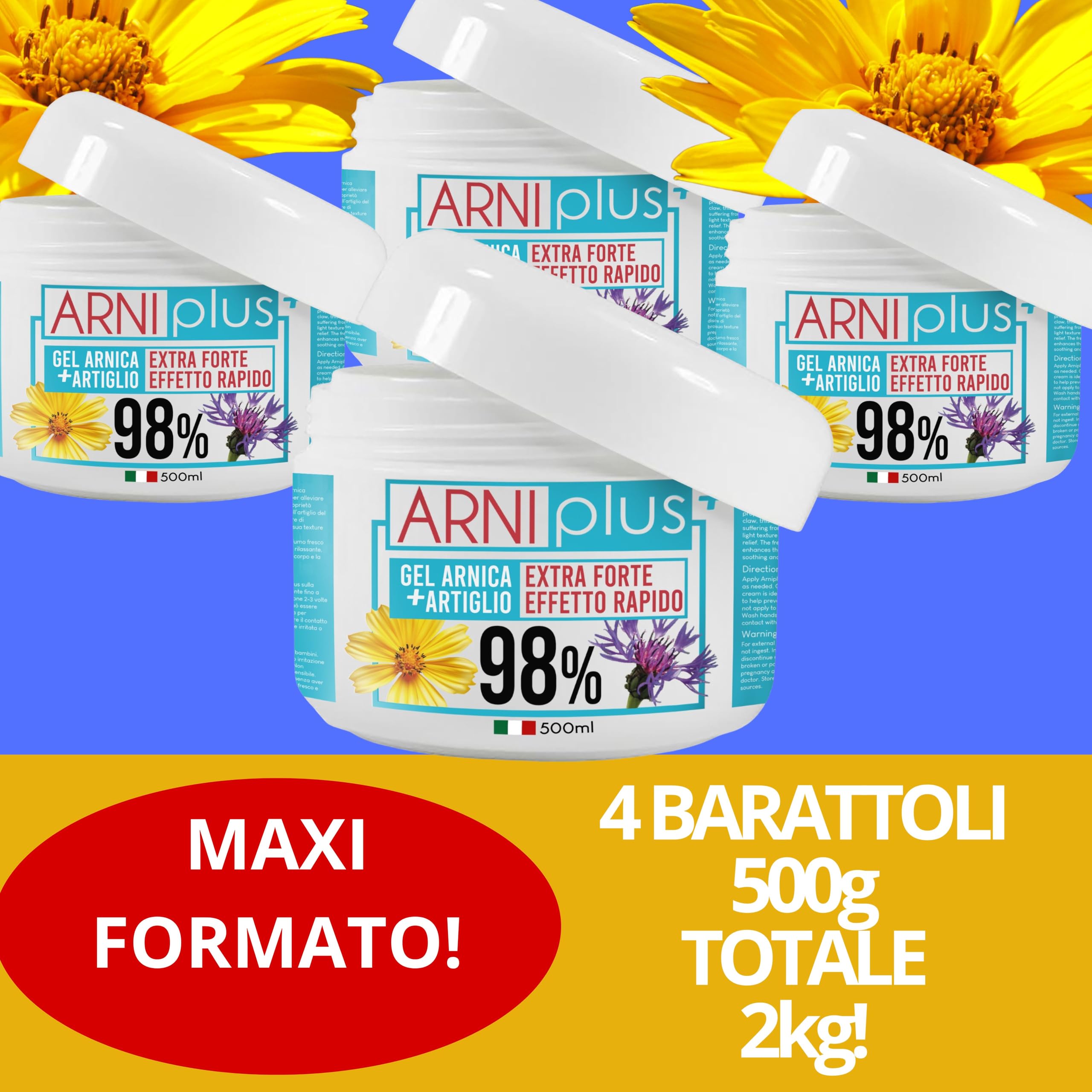 ARNIplus + 2 kg 4 x 500 ml Arnika Gel Extra fuerte, con vitamina C, pomada de árnica fuerte, altamente concentrado para el dolor muscular, pomada de relajación muscular, tendinitis, refrescante