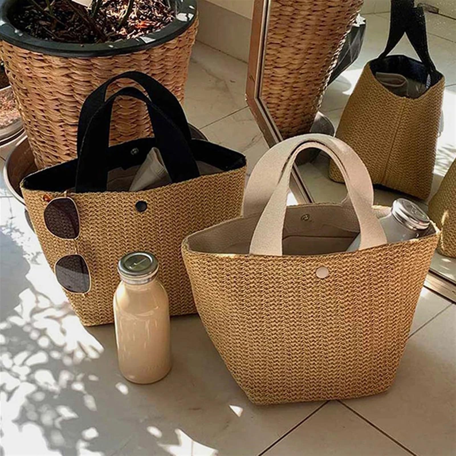 Geflochtene Tasche Strand Stroh Schulter Messenger Tasche Frauen Sommer gewebt Rattan Eimer Schulter Handtasche handgemachte Umhängetaschen for Frauen(Black)