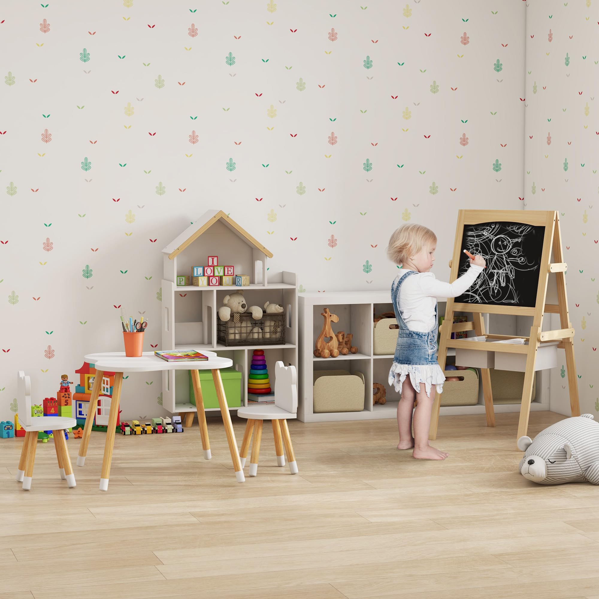 HOMCOM Ensemble Table et chaises Enfant Design scandinave Motif Ourson Bois pin MDF Blanc