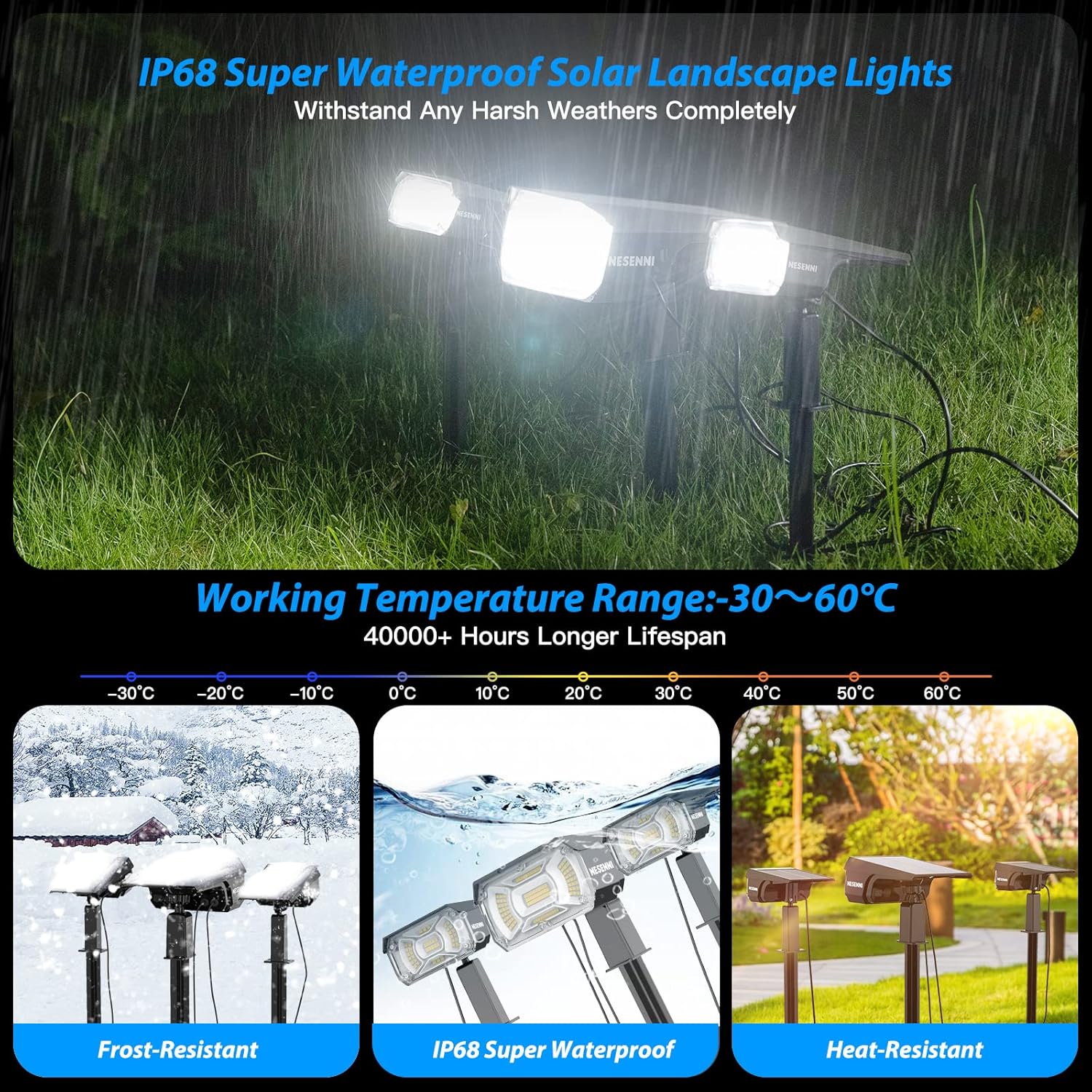 100LED Outdoor Lights - 2PCS Solar Spotlights via 9.8ft Cables(No Plug Required), IP68 Waterproof, Auto ON/Off, 3 Light Modes for Shady Areas
