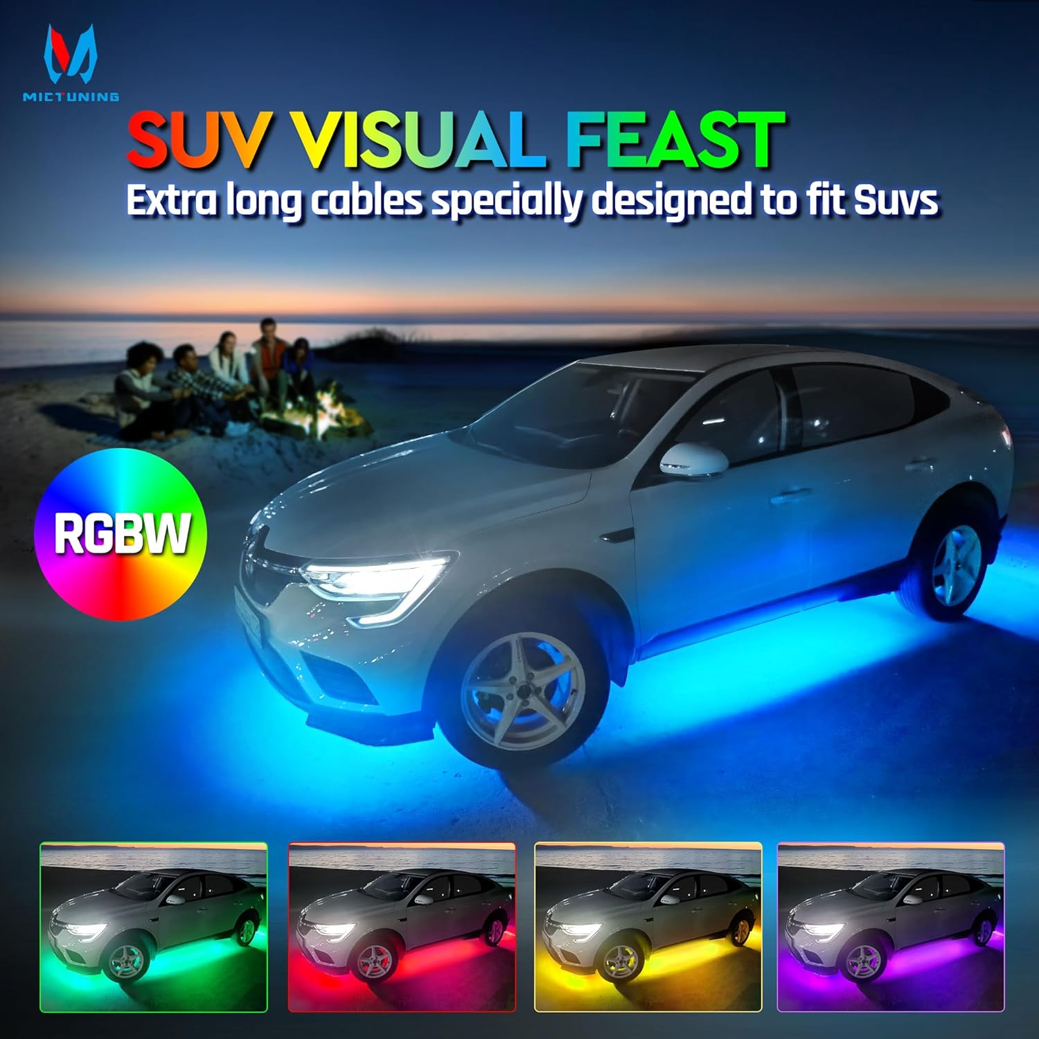 MICTUNING N8 RGBW Underglow Light Bars for SUVs, App/Remote Control, Aluminum Housing Waterproof, Exterior Neon Accent Underbody LED Light Strips, w/ 2pcs 9.8ft Extension Cords, 8PCS