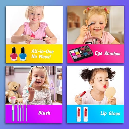 Miniatura 5 de Juego de juguetes de maquillaje para niñas de 3 a 10 años, kit de cosméticos lavable real con espejo y bolsa, juguetes de belleza para niños