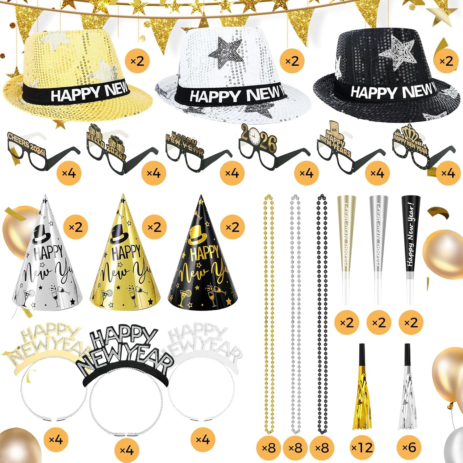 96 Pcs New Year's Eve Party Supplies for 24 Guests, 2026 Happy New Years Decoration with Silver Gold Black Top Hats, Cone Hats, Glitter Tiaras, Beaded Necklace, Squawkers, Noise Makers for Party Decor - Image 2
