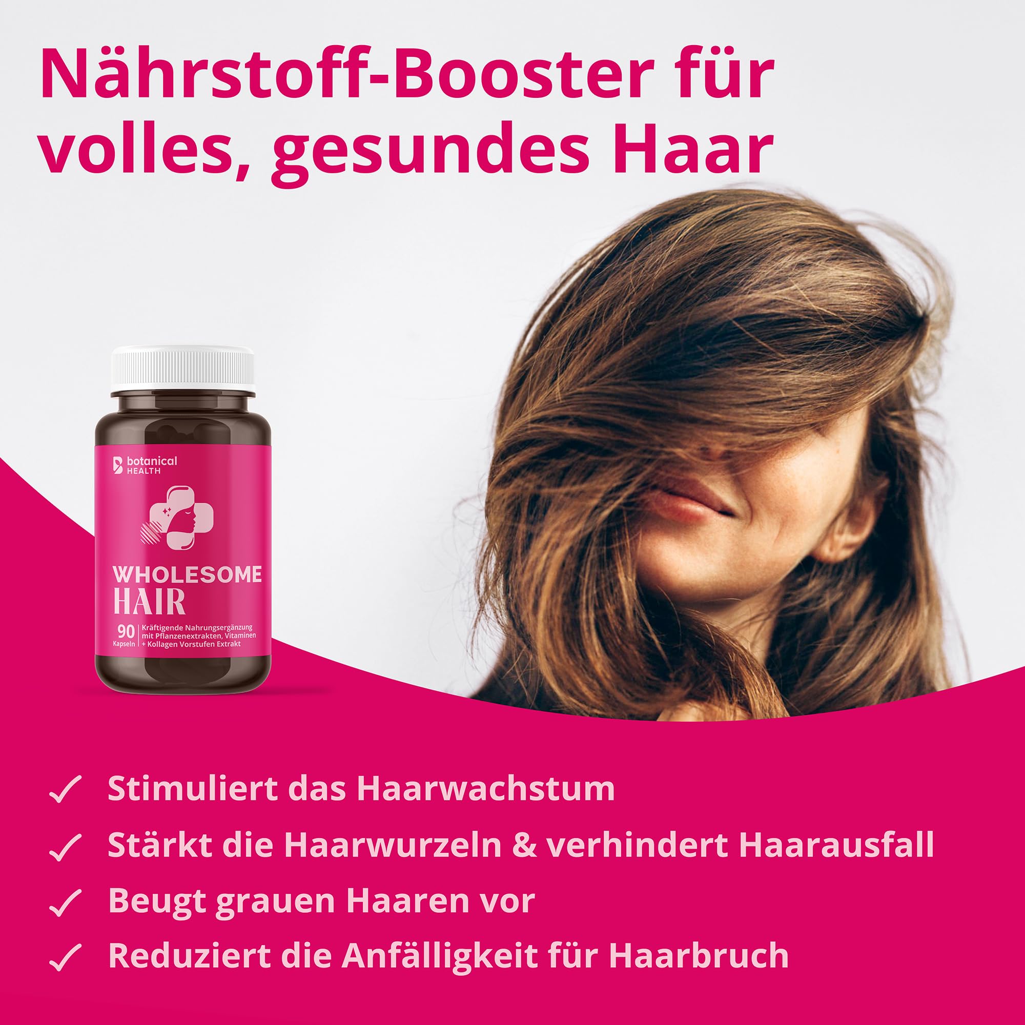 WHOLESOME HAIR für Frauen – entfessele dein natürliche Haarwachstum mit Biotin, Kupfer, Eisen, Zink, Vitamin C, Folsäure, Jod, Selen - 90 vegane Kapseln