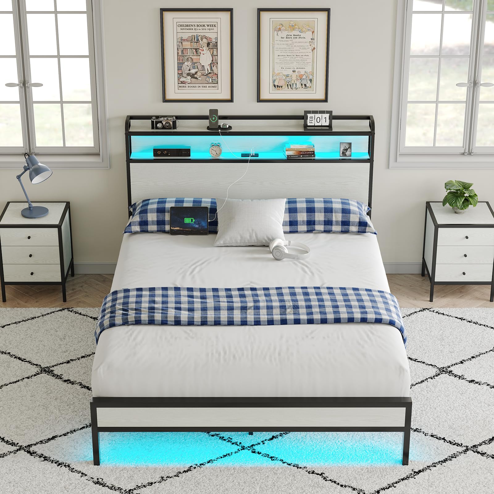 Bed Frame Queen Size with Charging Station and LED Lights, Upholstered Headboard with Storage Shelves, Heavy Duty Metal Slats, No Box Spring Need, Noise Free, Easy Assembly, White