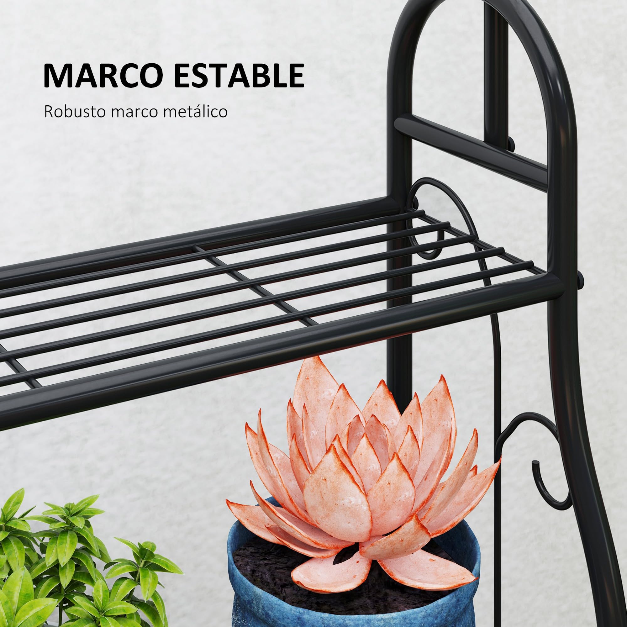 Outsunny Estantería para Plantas de 3 Niveles Soporte para Plantas con Ganchos de Metal Barra para Colgar Soporte para Macetas para Interior y Exterior Negro