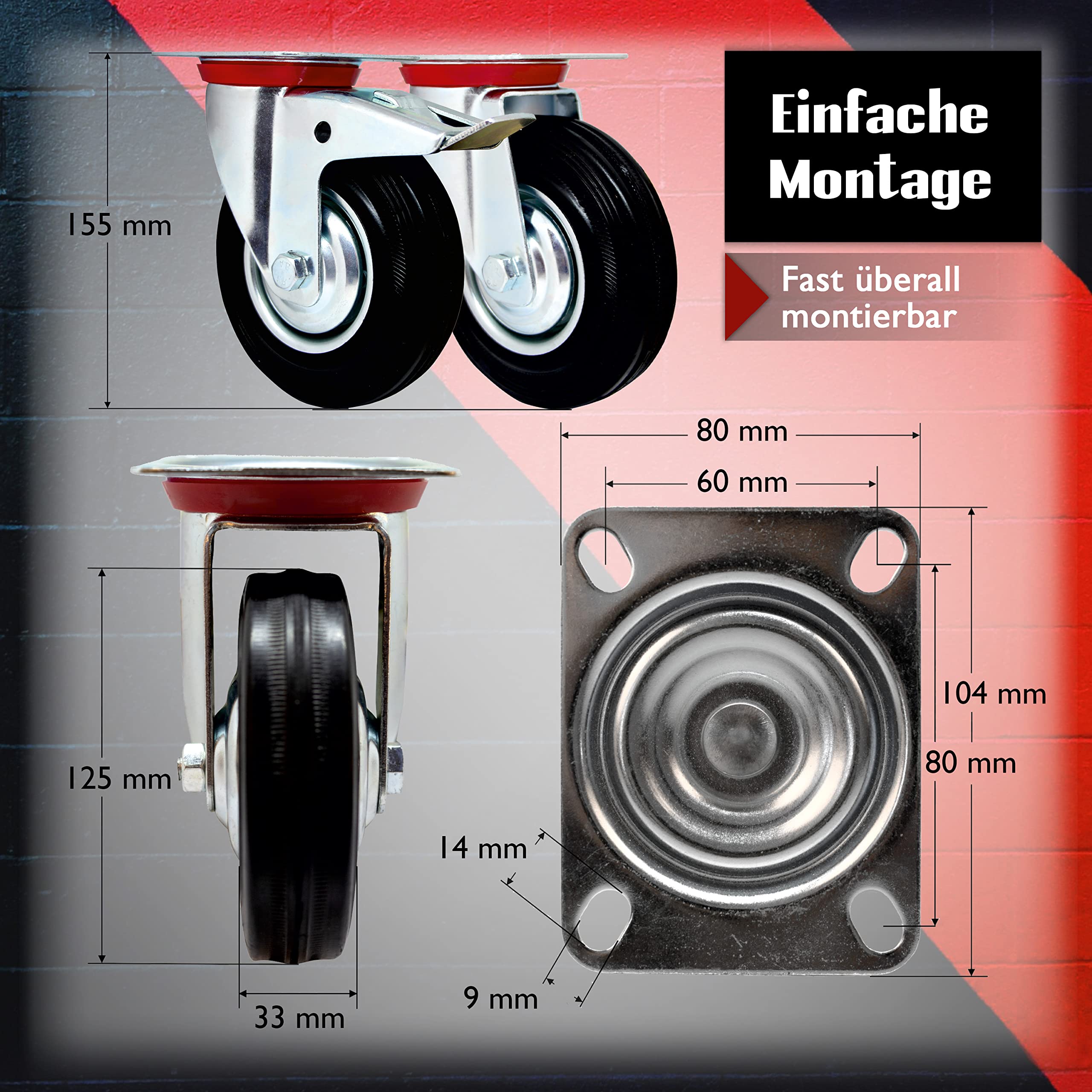 Kit De 4 Roulettes Industrielles Bleues 80mm Avec Frein - Pour Meubles, établis Et Tables Roulantes | Transport Lourd | Qualité Pro