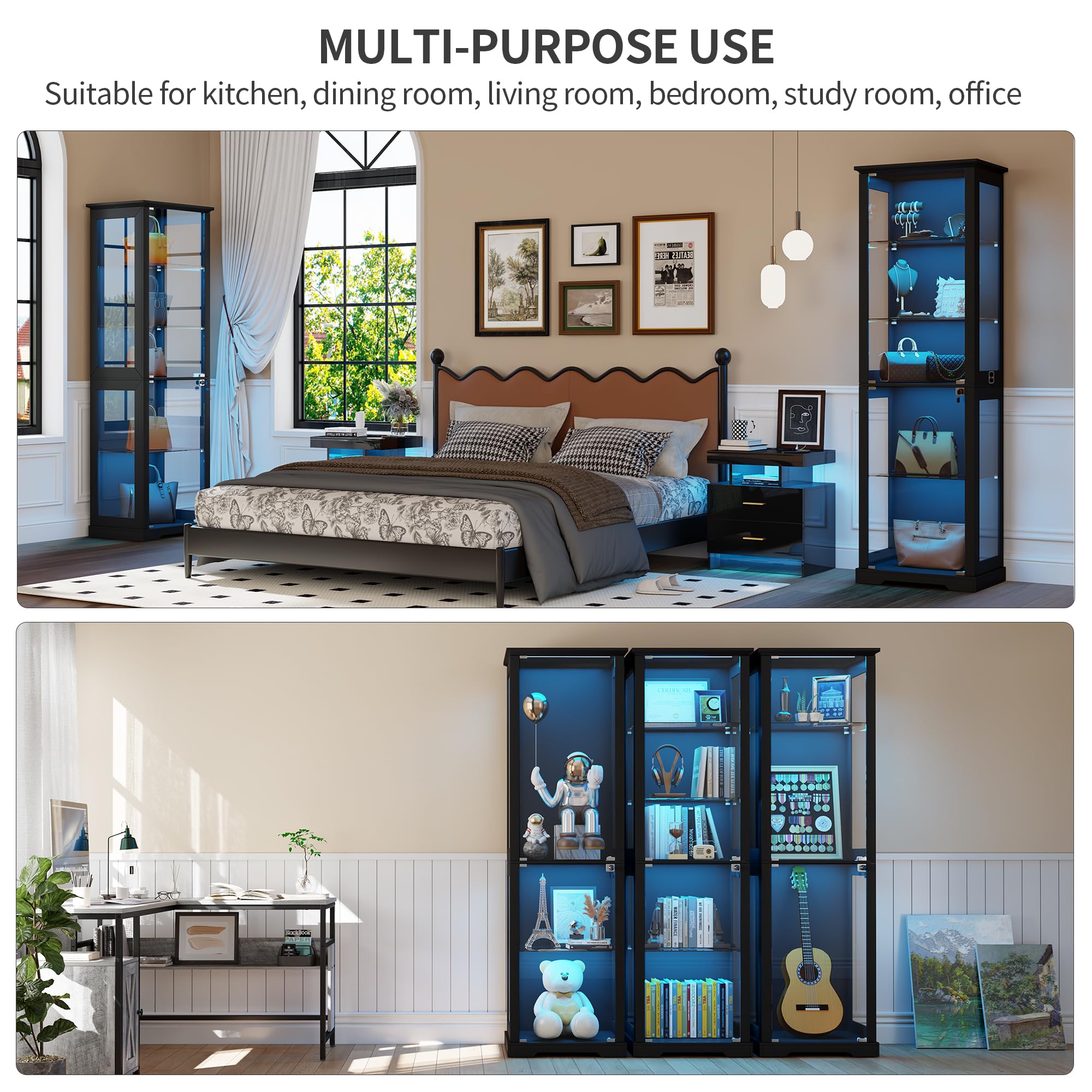 Lvifur Vitrina de cristal de 5 capas de 180 cm, con iluminación LED y puertas de cristal, color negro | Vitrina con sensor inteligente para coleccionables