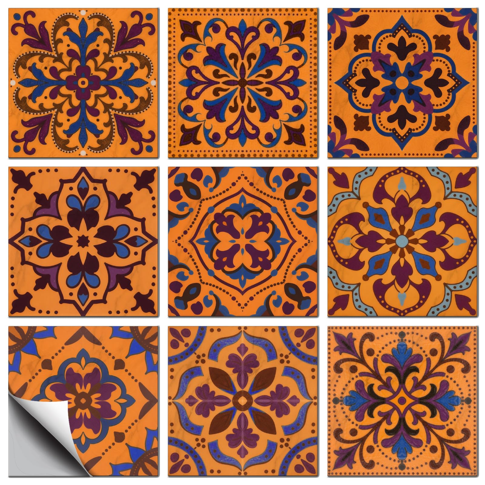CONCHLERY 36 Pcs 9 Styles Retro Purple Blue Orange Pattern Peel and Stick Tile Stickers Waterproof Self Adhesive Decals, for Kitchen Bathroom Home Wall Art Decor 4x4 Inch