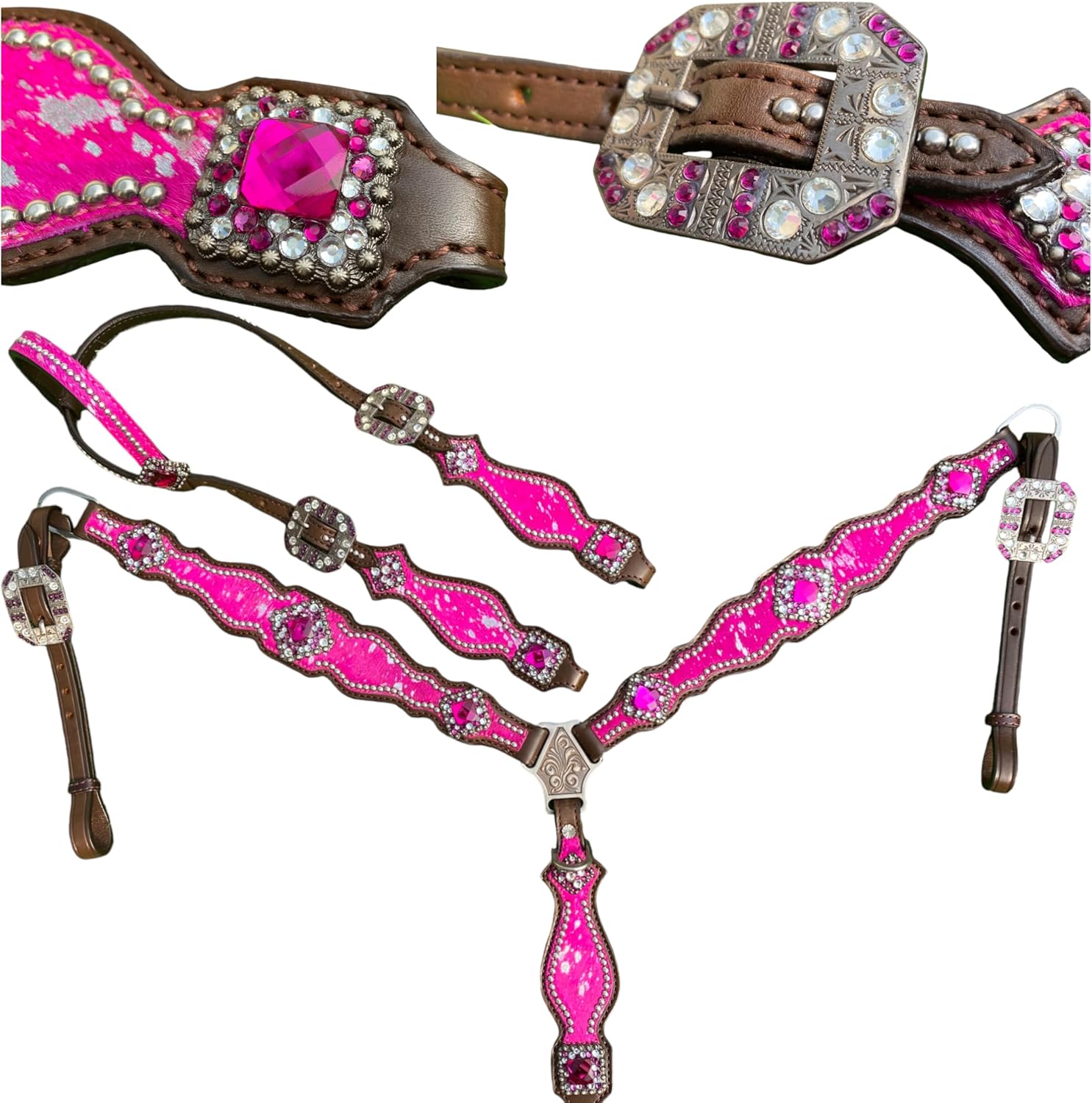 Western One Ear Leather Headstall and Breast Collar Tack Set with Rhinestones, Pink Silver Metallic Acid Wash Cowhide Look, Full Average Size Horse