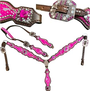 Western One Ear Leather Headstall and Breast Collar Tack Set with Rhinestones