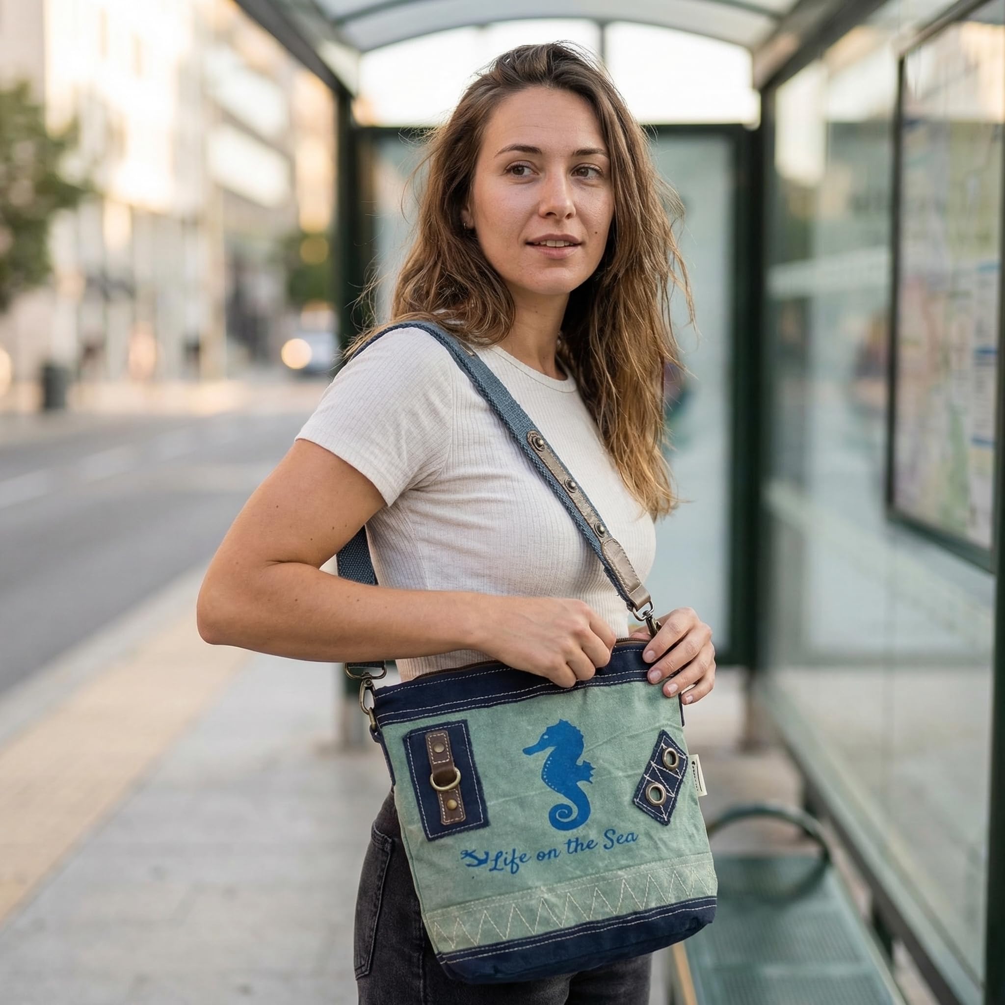 Sunsa Damen Maritim Umhängetasche. Crossover Bag aus Canvas & Leder. Kleine Vintage Stil Tasche als praktische Geschenkidee für Frauen/Mädchen. Damentaschen mit Seepferd Aufdruck