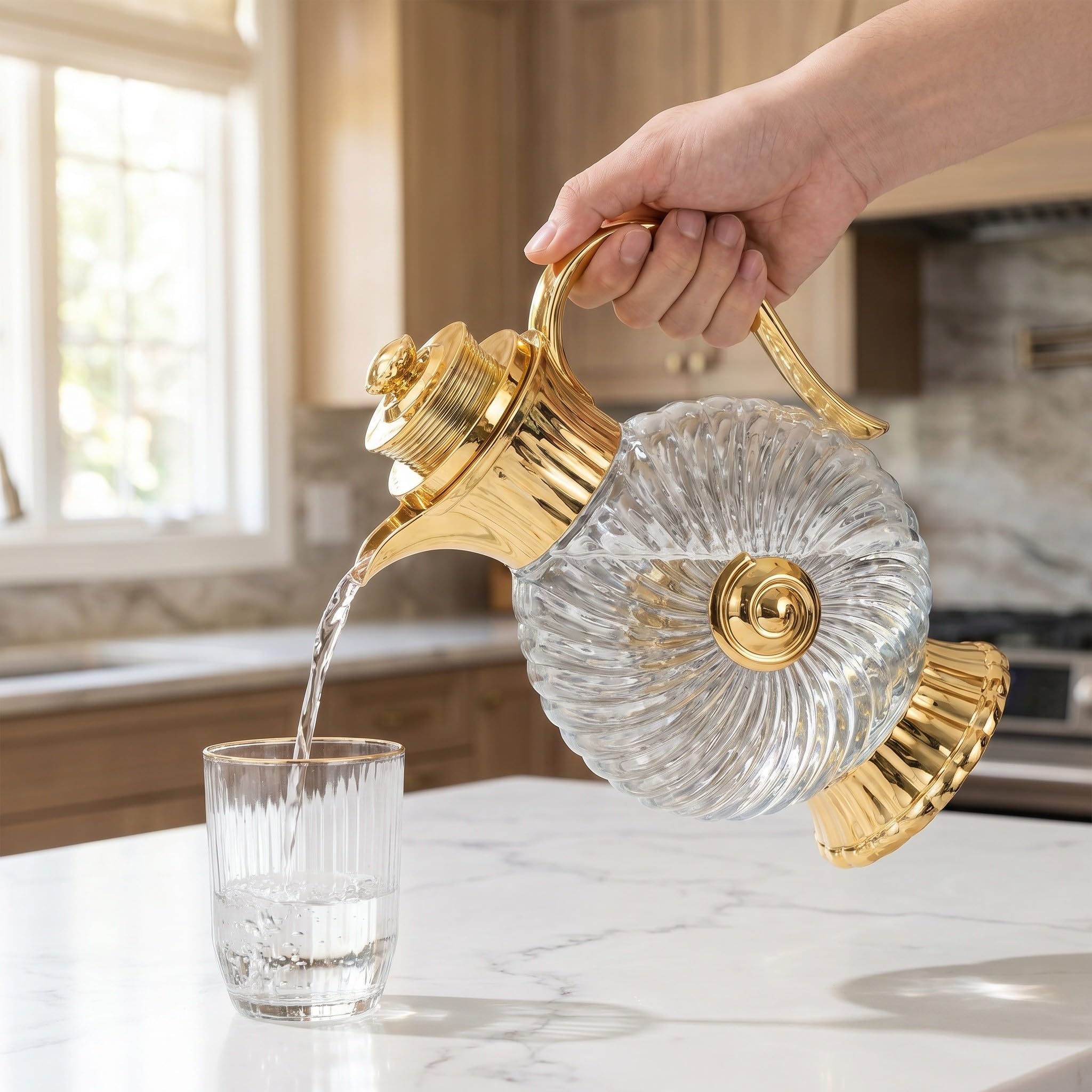 Happyyami Glaskrug 1,8l Gold mit Stabilem Sockel und Kühlschrankgeeignet im Eleganten Arabischen Stil für Dinnerpartys und Gästeunterhaltung