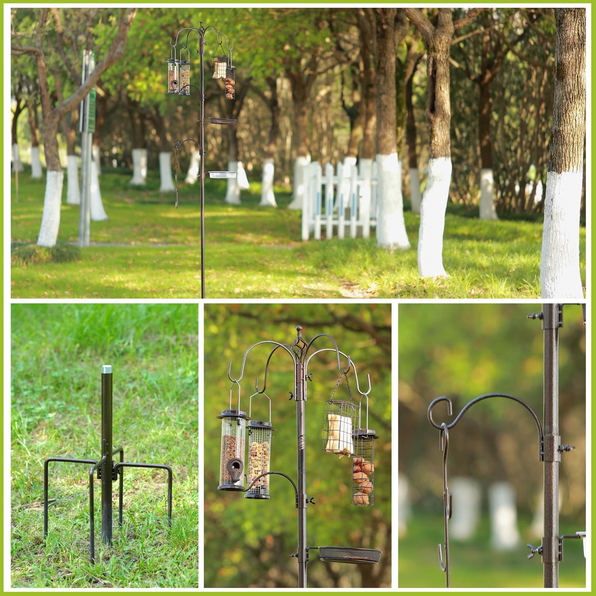 Estación de comedero para pájaros con jaula de sebo y cuenco de agua, gancho de frutas, poste ajustable, 6 ganchos para colgar para pájaros silvestres, kit de alimentación de pájaros de jardín al aire