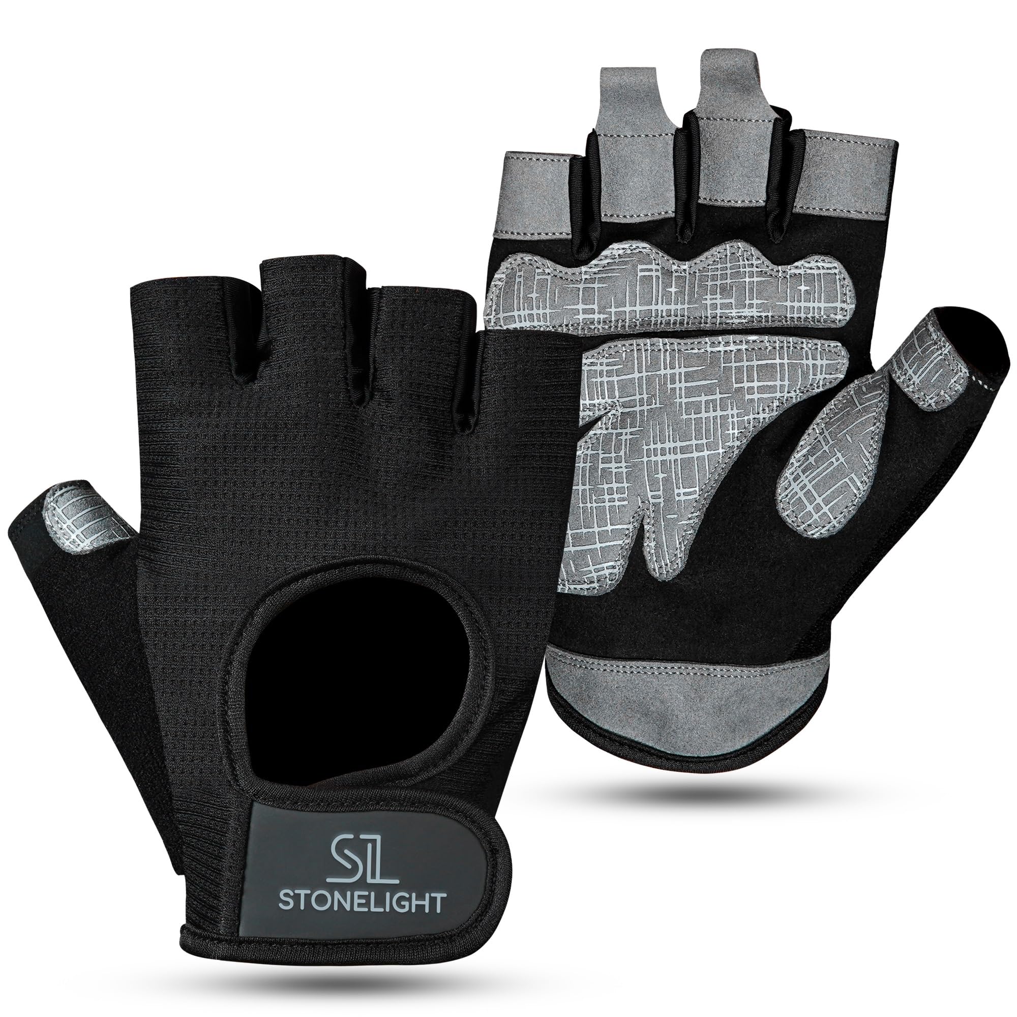 STONELIGHT Gym Gloves Women Mens Weight Lifting Gloves Fingerless Exercise Workout Gloves Breathable, Sweat-Free, Non-Slip Grip Padded Palm Protection, Flexible Secure Wrist Closure Weight Gloves - M