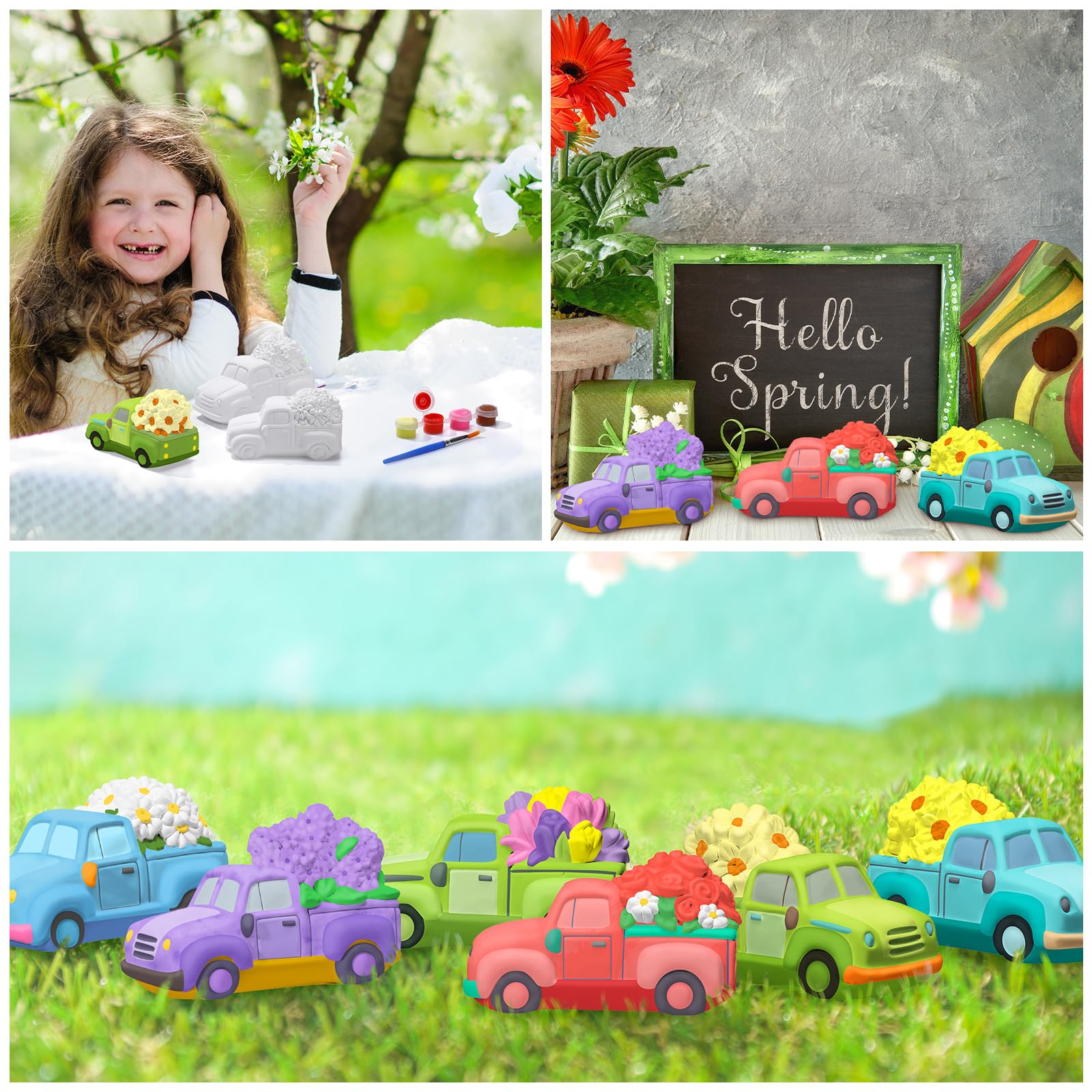 JellyArch 6 Set Frühling DIY Malerei Kit Keramik 3D Keramik LKW mit Blumen zum Bemalen Ihres eigenen LKWs mit Gänseblümchen, Sonnenblümchen, Tulpen, Statuen, unlackiertes Gips, Handwerk mit Pinsel,