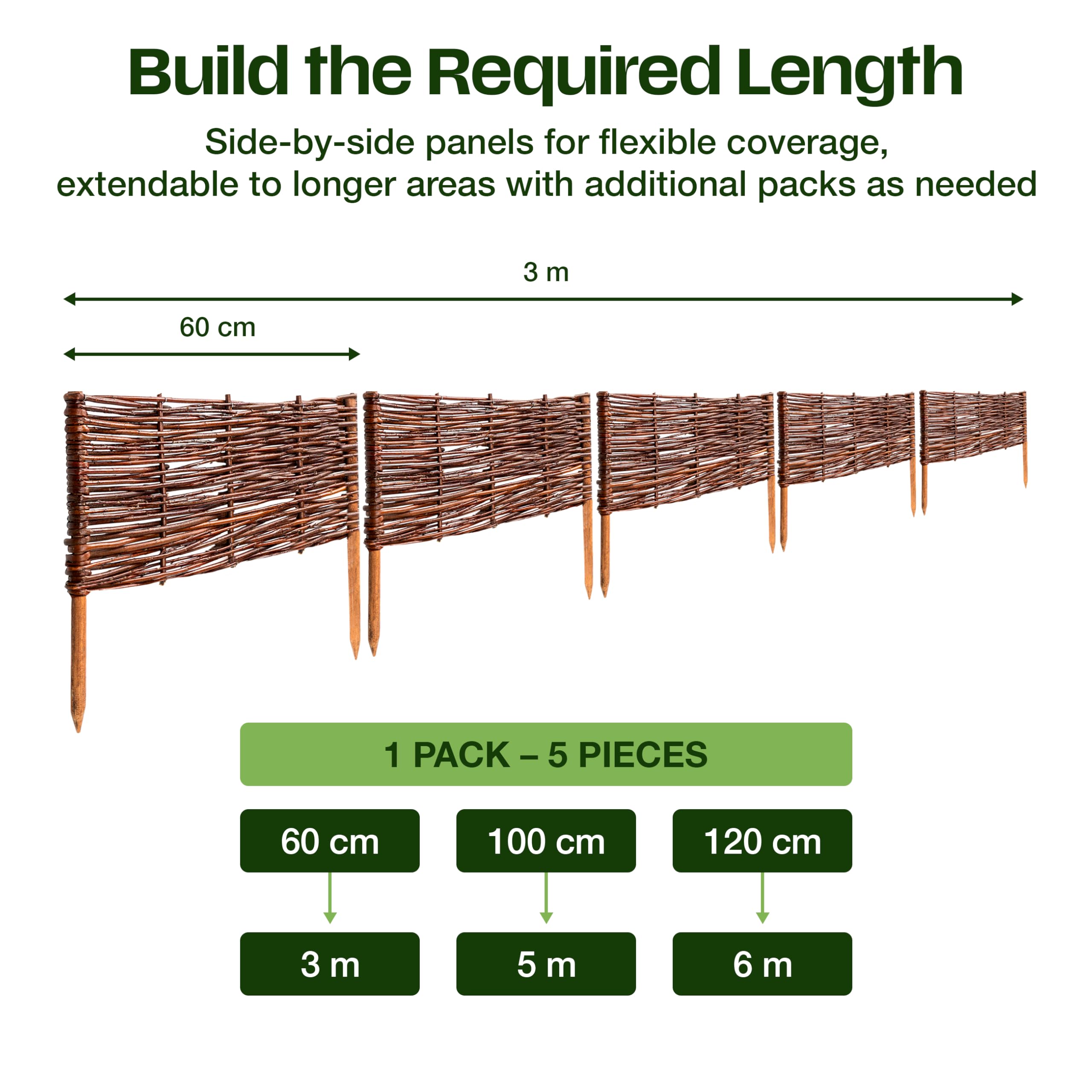 Creative Home Set de 5 Vallas de Mimbre Natural | Tamaño: 60 x 50 cm (+/- 1 cm) | Valla de Jardín para Delimitar Parterres Decorativa | Cerramiento Cercado de Césped | para Jardín Balcón Terraza