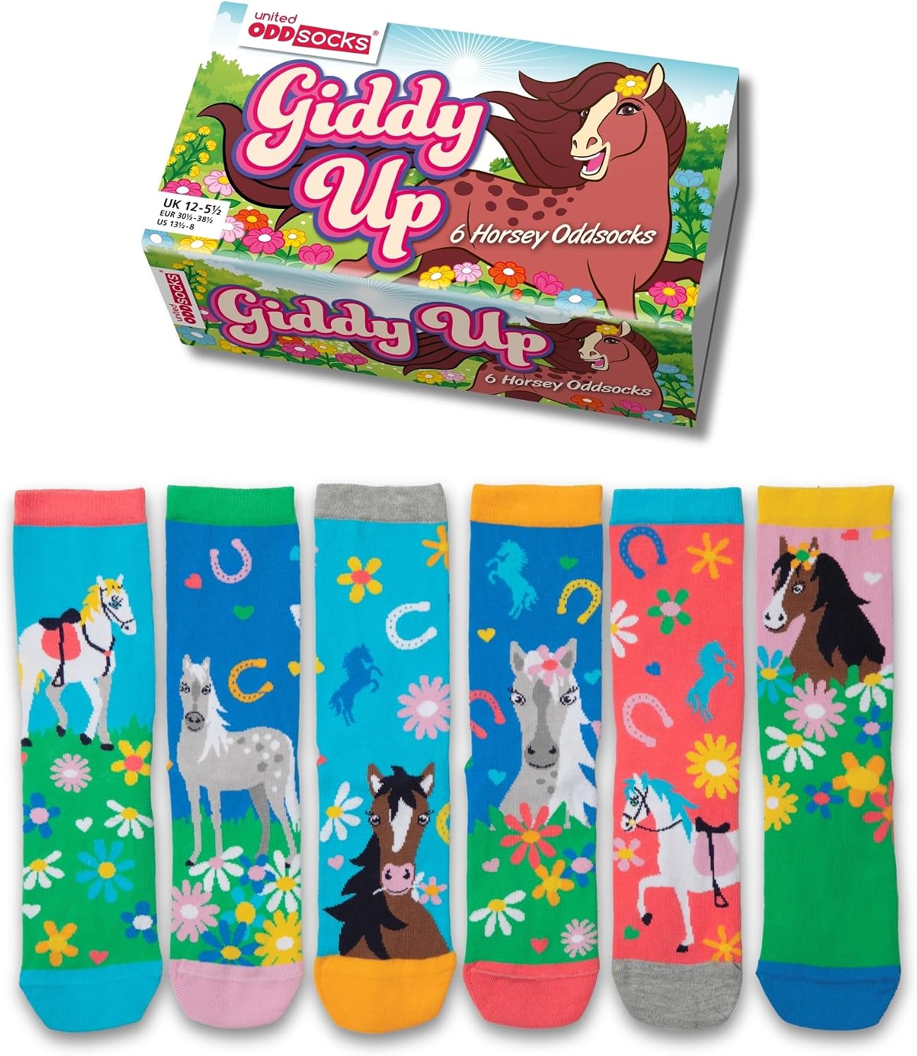 United Oddsocks Giddy Up Gift Box, 6 Colourful Horse-Themed Odd Socks for Girls, Mix & Match Cute Calf-Length Novelty Socks, Fun Cotton-Rich Socks Gift Set, UK 12–5.5, EUR 30.5–38.5, US 13.5–8