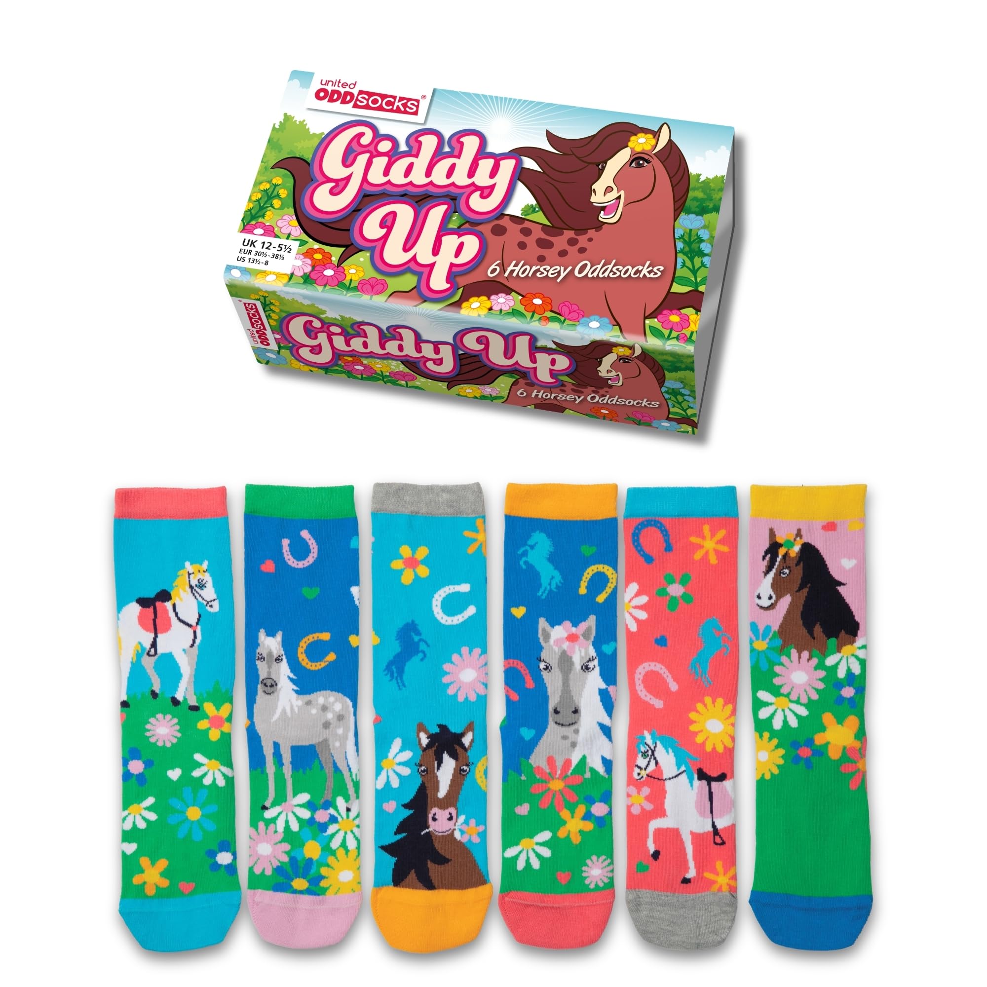 United Oddsocks Giddy Up Gift Box – 6 Horsey Calf-Length Odd Socks for Girls, UK 12–5.5, EUR 30.5–38.5, US 13.5–8 – Mix & Match Fashion Socks with Playful Horses – Fun Horse Lover Gift