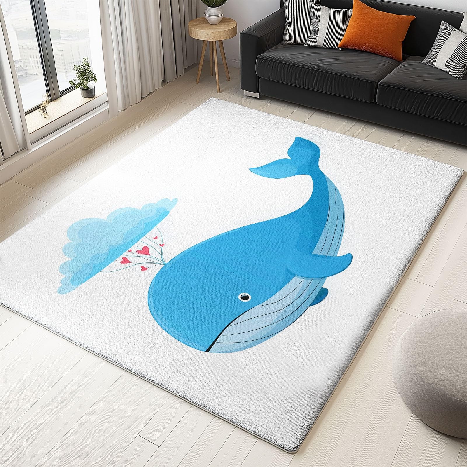 Tappeto - fondo antiscivolo - lavabile - morbido Pelo Corto Tappeti, 80 x 150 cm per camera da letto camera dei bambini ufficio sala da pranzo, Balenottera Azzurra Nuvole Forma Cuore Vapore Bianco
