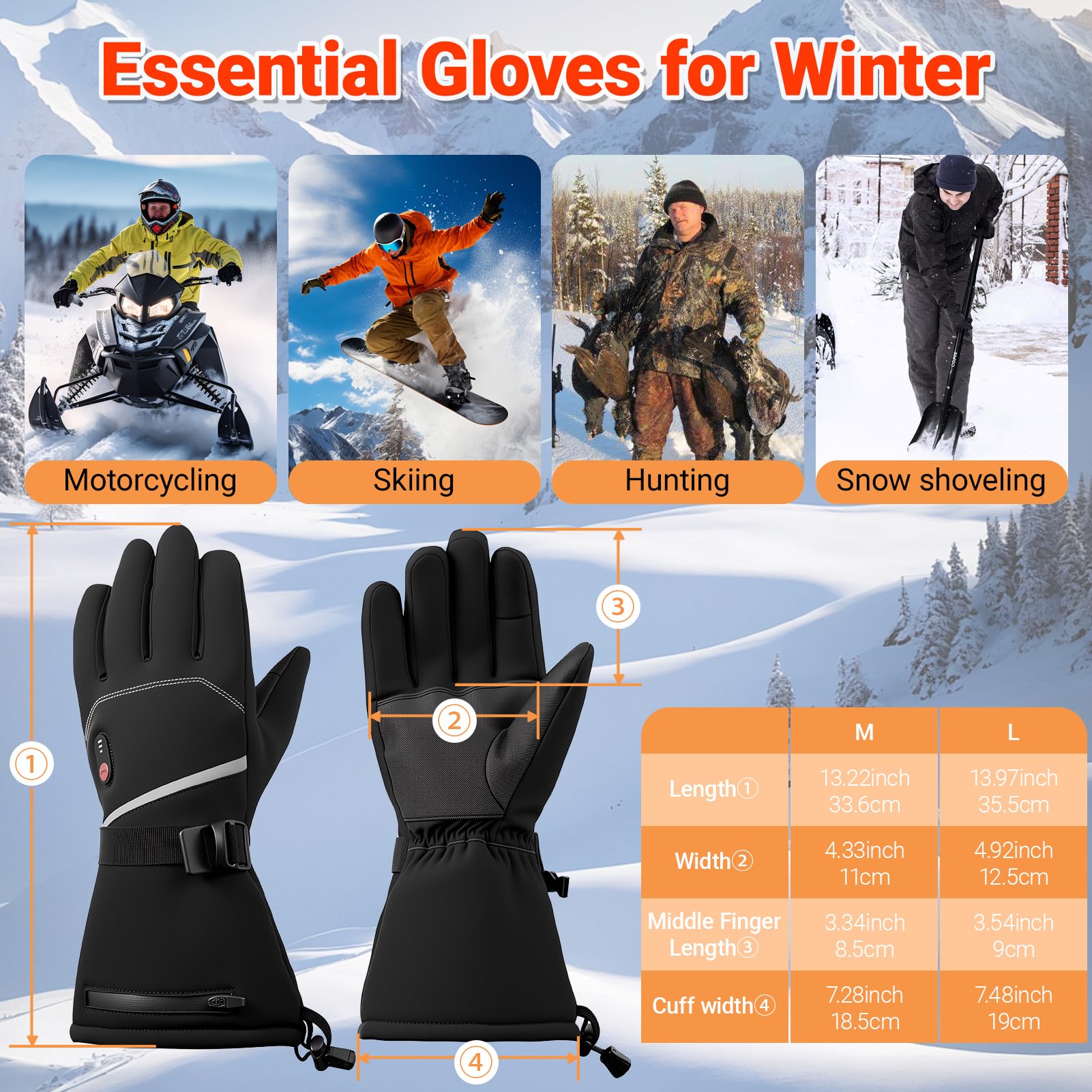 20000mAh Guantes Calefactables para Hombre y Mujere, 7.4V Rápido Calentamiento Guantes Calientes Recargables, 3 Temperaturas, Pantalla Táctil, Impermeable, Antideslizante, Adecuado para el Invierno