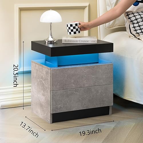 Miniatura 2 de Mesita de noche LED con 2 cajones para dormitorio, sala de estar, mesa auxiliar de sofá con sistema de luz LED ajustable, mesita de noche moderna