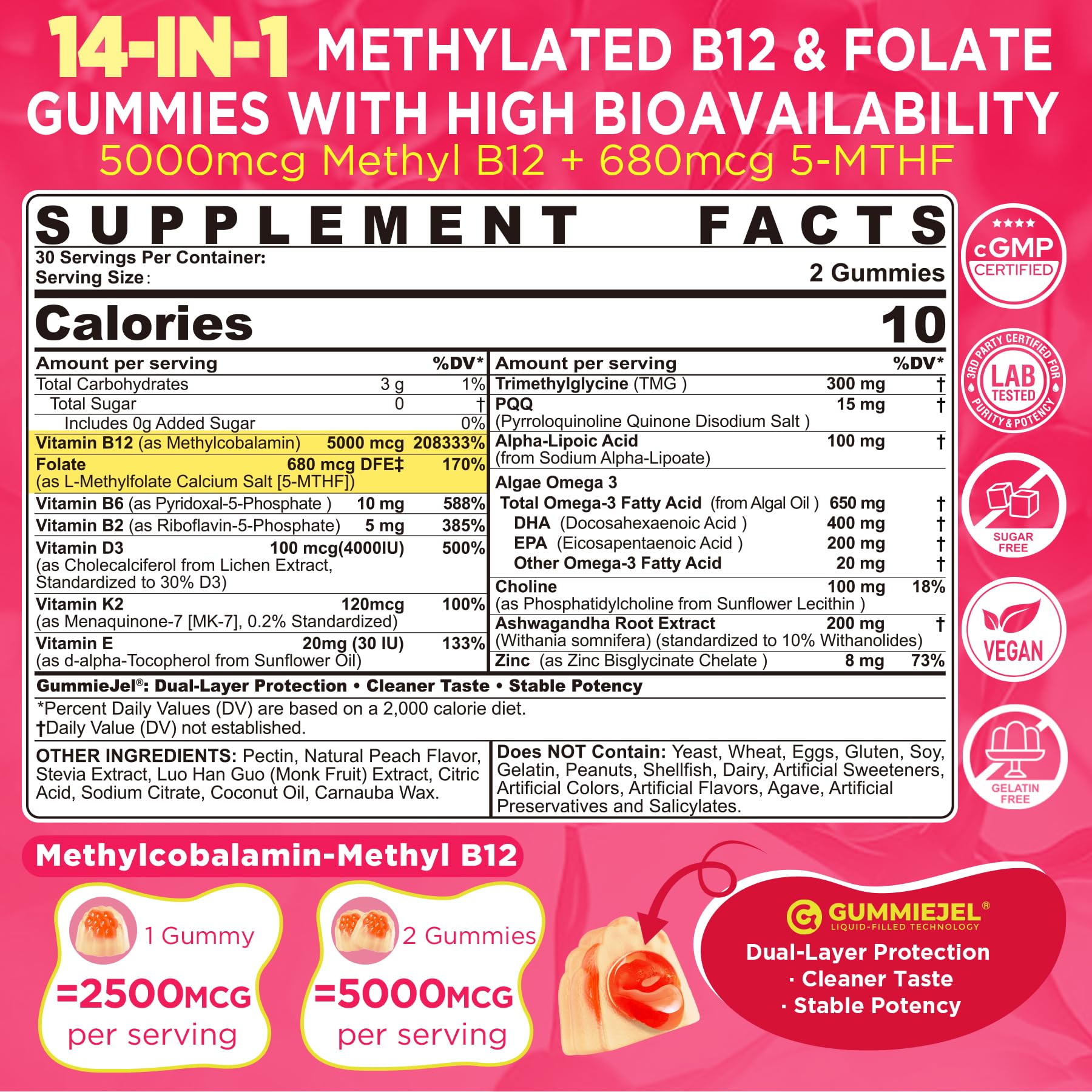 Methyl B12 5000mcg & L-Methylfolate Gummies for Women Men, B12 Gummy, 60Cts — Amazon image 2