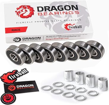 Fireball Dragon Race Precision Skateboard Bearings with Silver Dragon Precision Aluminum Spacers + Speed Rings | Set
