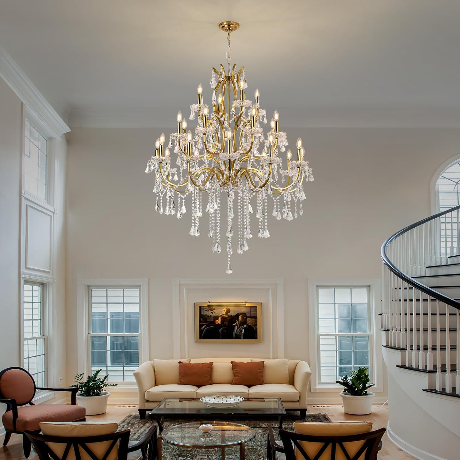 Large Antique French Country Brass Color Crystal Chandelier 3 Layers 24 Lights for Dining Room, High Ceilings, Foyer, Entryway, Staircase, Lobby