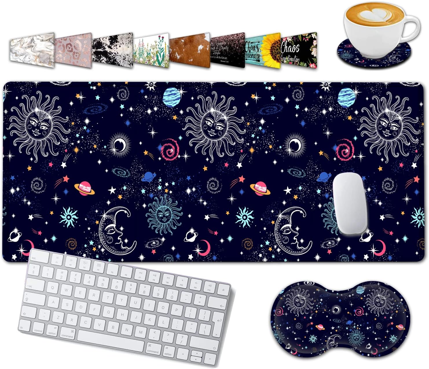 Large Gaming Mouse Pad, 31.5x11.8 in Extended Computer Mouse Mat with Non-Slip PU Base, Ergonomic Memory Foam Keyboard Wrist Rest for Working, Cute Anime Solar System Galaxy Black Office Desk Pad