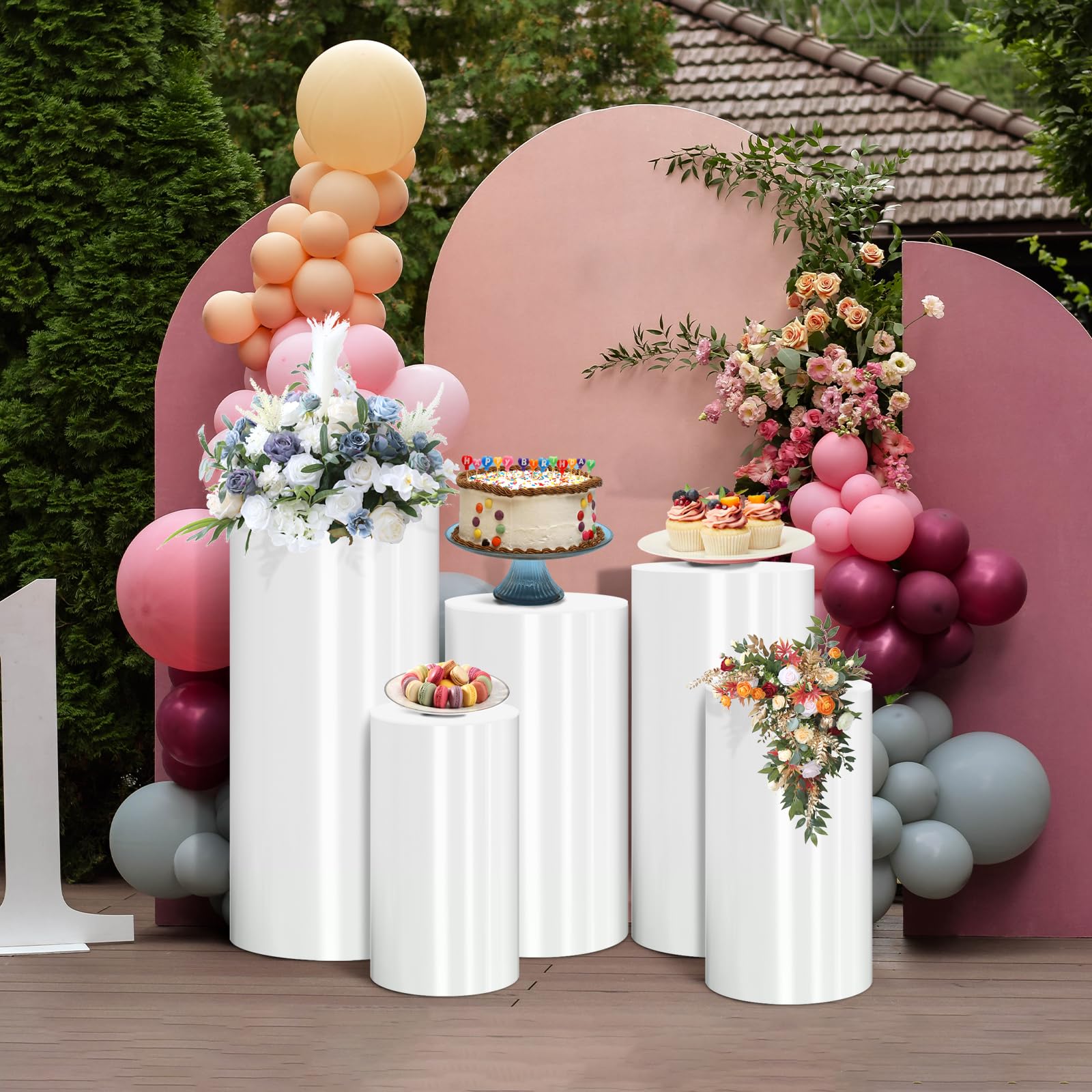 INGKTMFT Cylinder Stands for Party, White Display Plinth Cylinder Pedestal Stand Detachable Cake Pedestal Stand for Birthday Wedding Baby Shower Party Product Display Celebration Decoration (5piece)