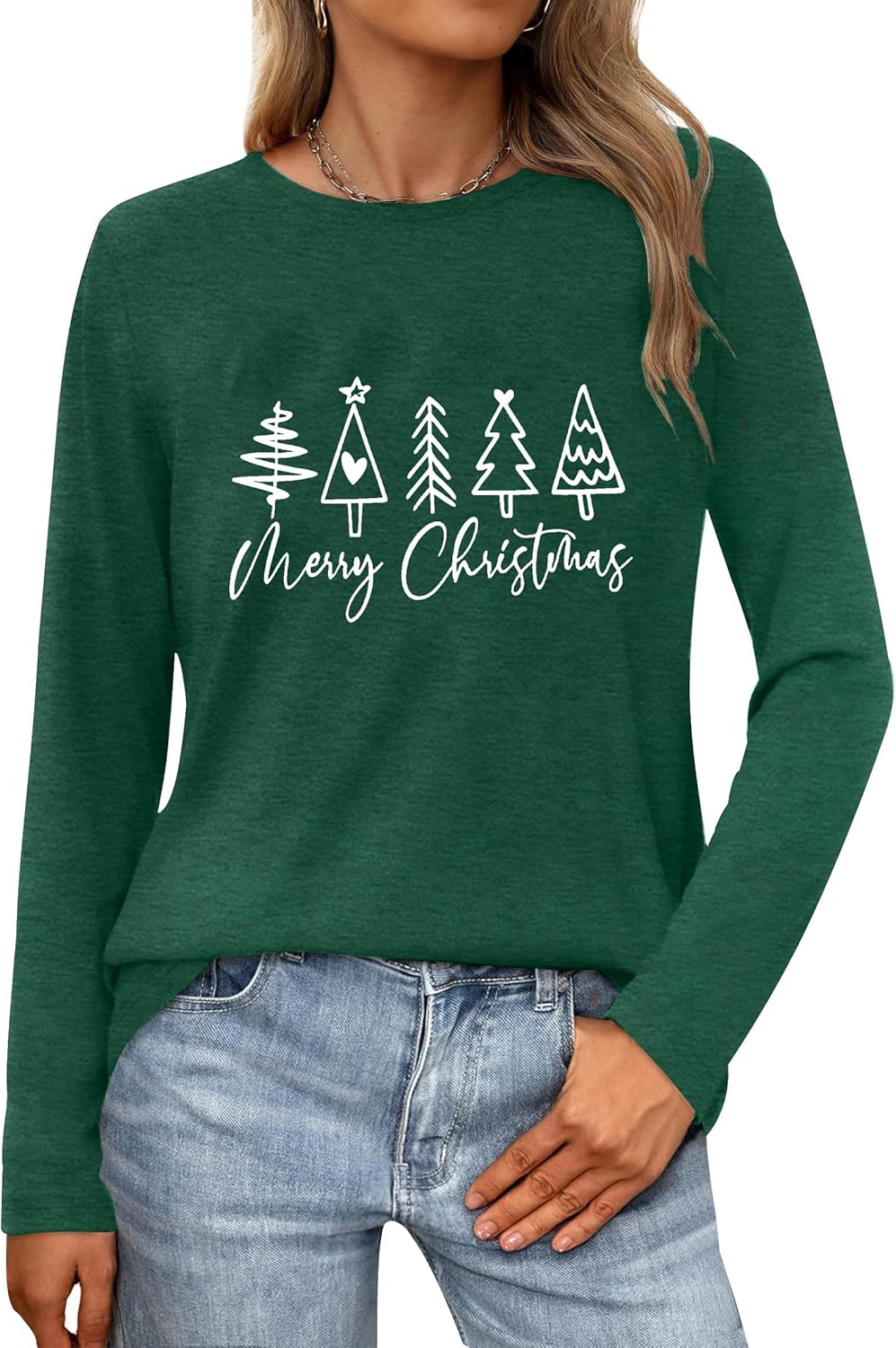Womens Christmas Long Sleeve Shirts Christmas Tree Crew Neck T-Shirts Merry Christmas Blouse Tee Tops