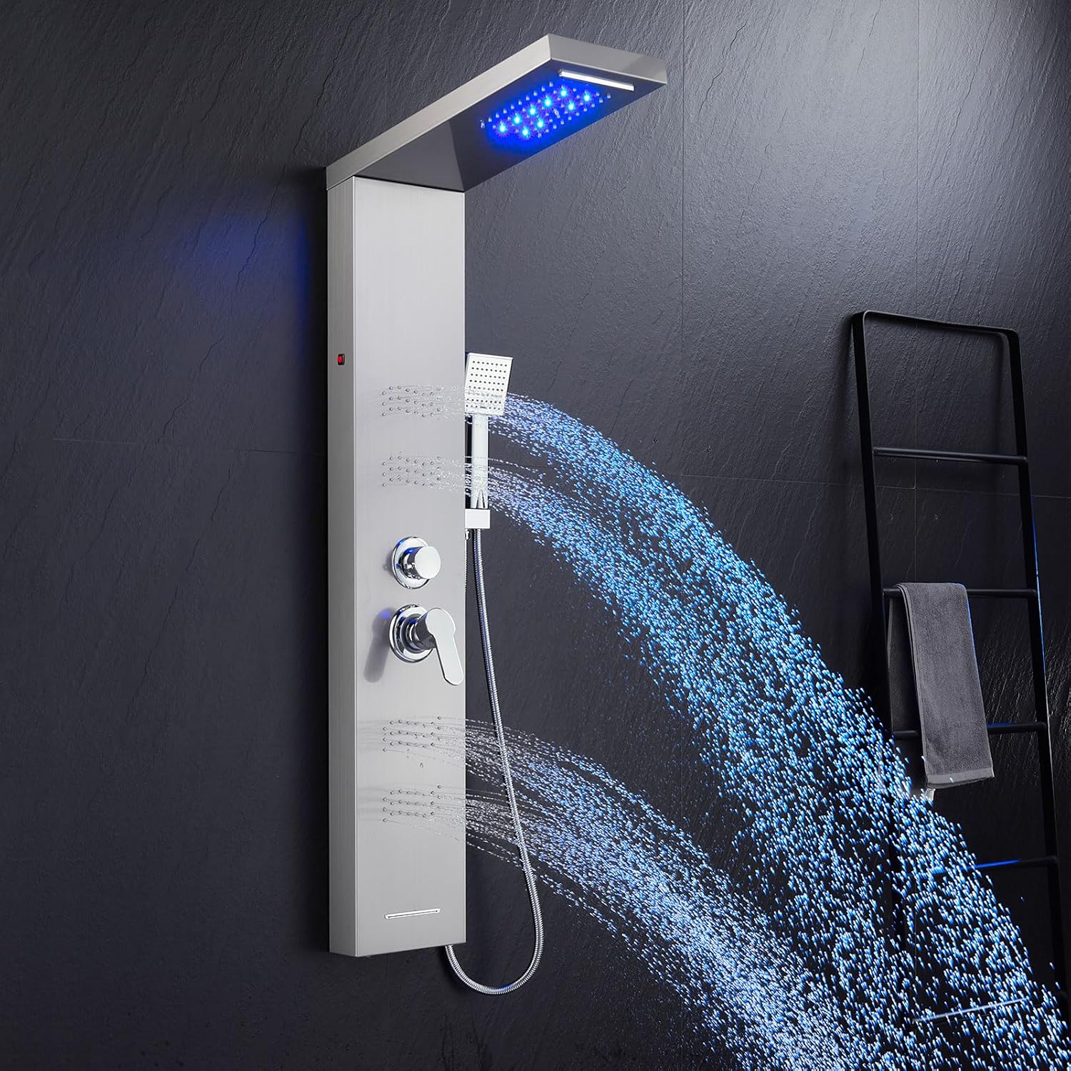 Shower Panel Tower System with LED Lights, Stainless Steel 5 in 1 Shower Panel with Rainfall Waterfall Shower Head, Body Spray, Handheld Shower, Tub Spout (Brushed) Brushed Nickel -Wave Body Spray