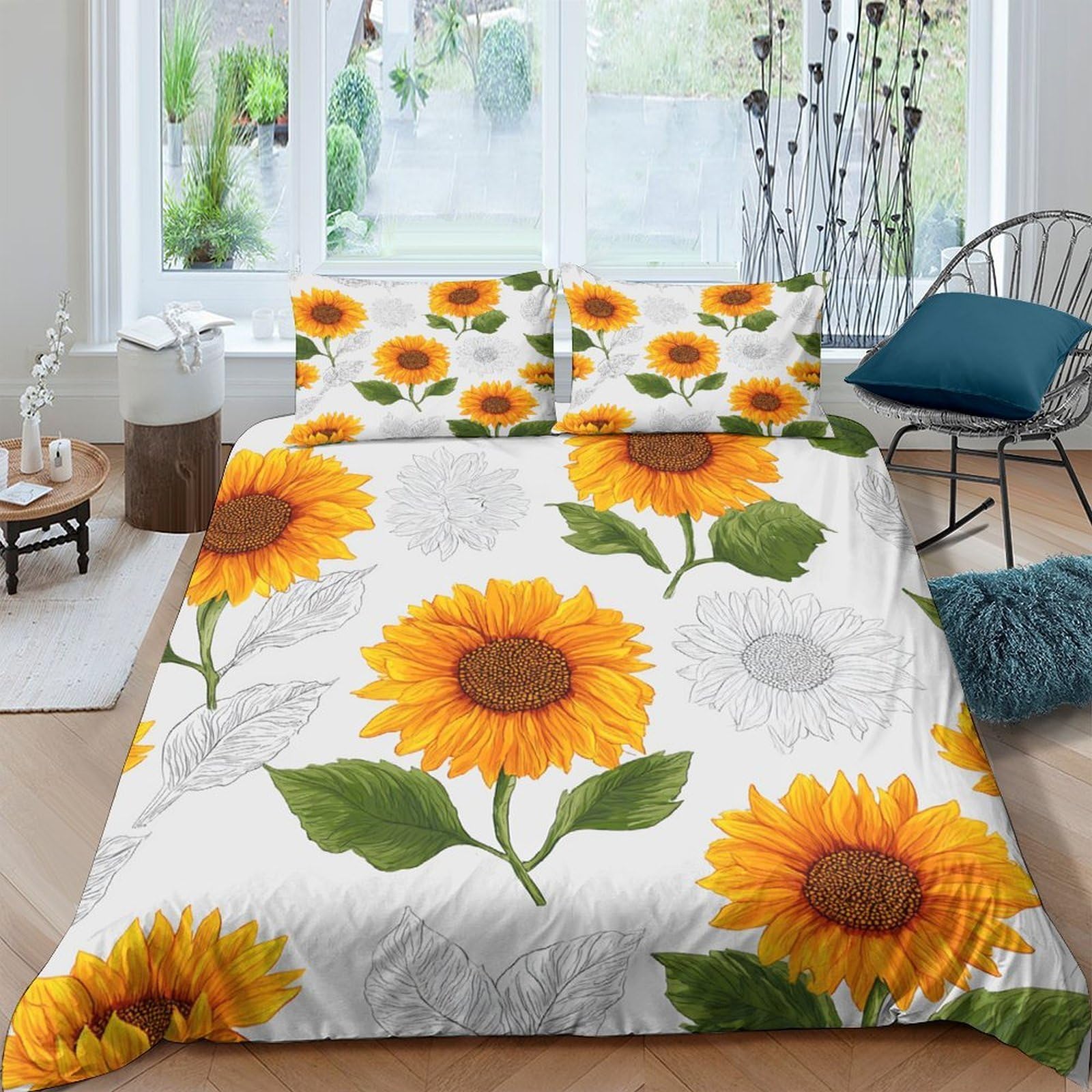 GPLZQXKJNH 3D Printed Sunflower Floral Duvet Cover Microfiber Soft Breathable Bedding Set with 2 Pillowcases Yellow Botanical Bedroom Decor Single（135x200cm）