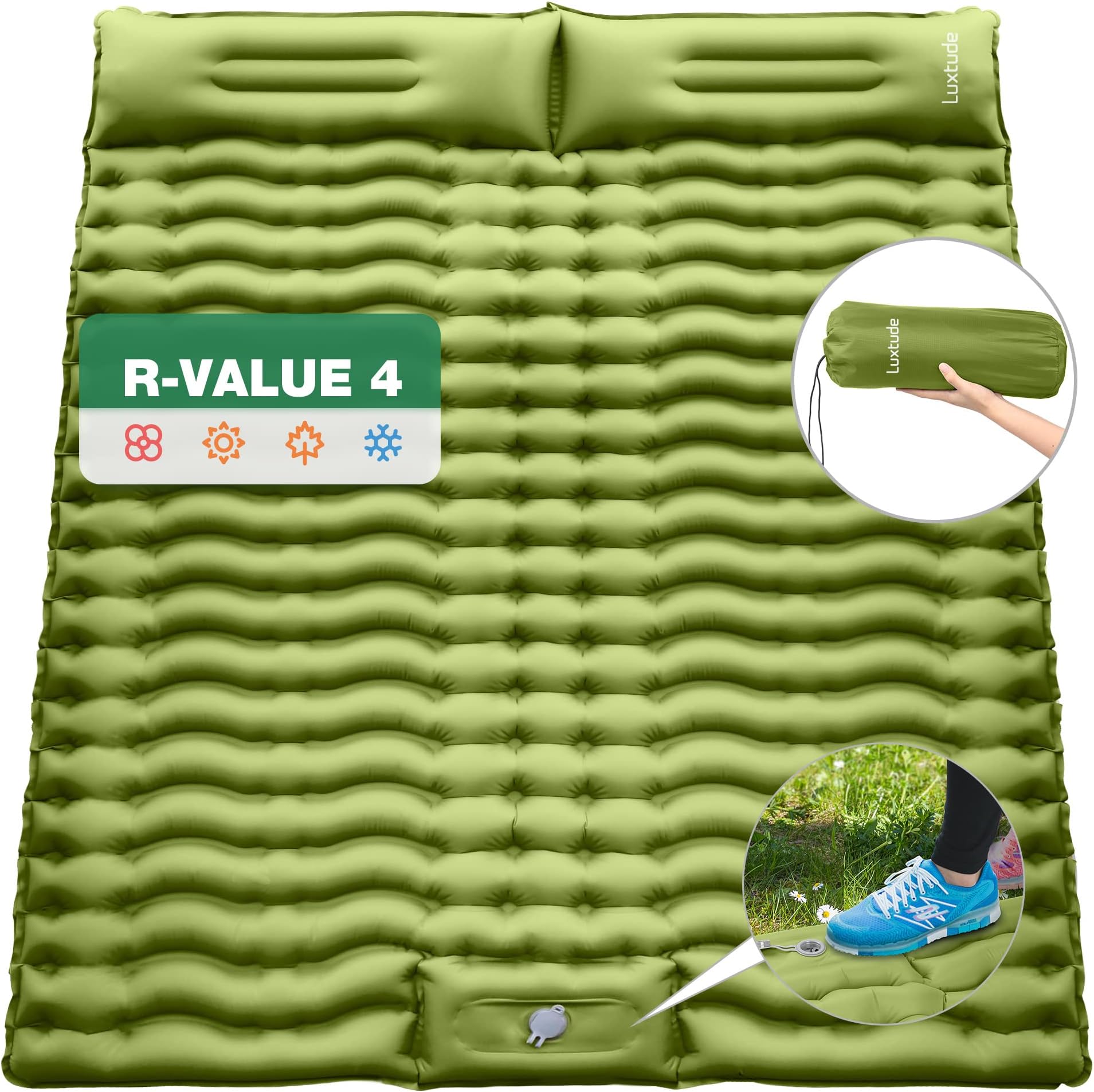 Luxtude Double Sleeping Pad for Camping, Queen Camping Pad with Pillow for 2 Person, Foot Pump Inflating Camping Mattress, Waterproof Air Mattress Sleeping Mat for Backpacking, Hiking, Green