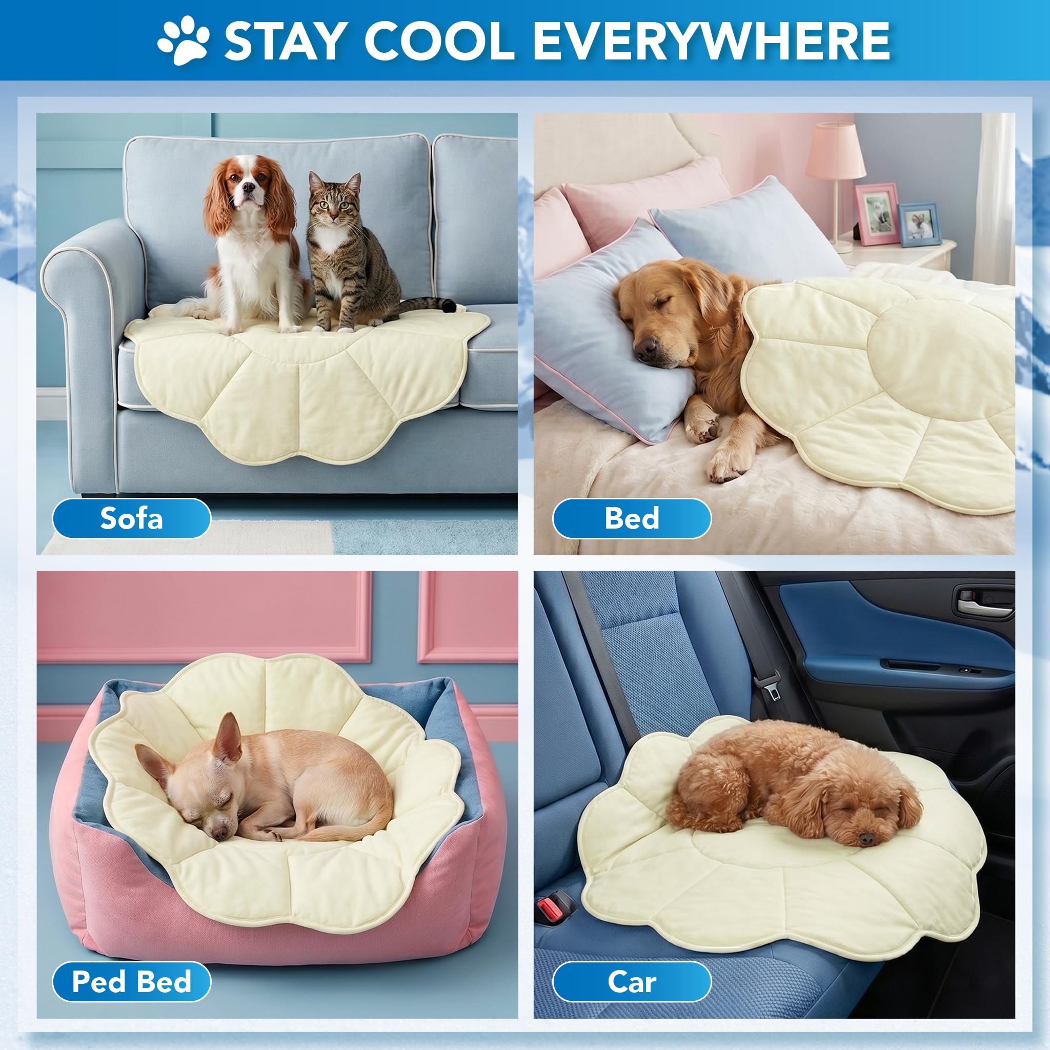 PetAmi Kühlmatte für Hunde, Blumenform, Haustierunterlage mit kühlendem Nylon und weichem Fleece, Q-Max > 0,4, wendbar, Ganzjahresdecke für Hunde und Katzen, Größe M, 111,8 x 111,8 cm, Beige