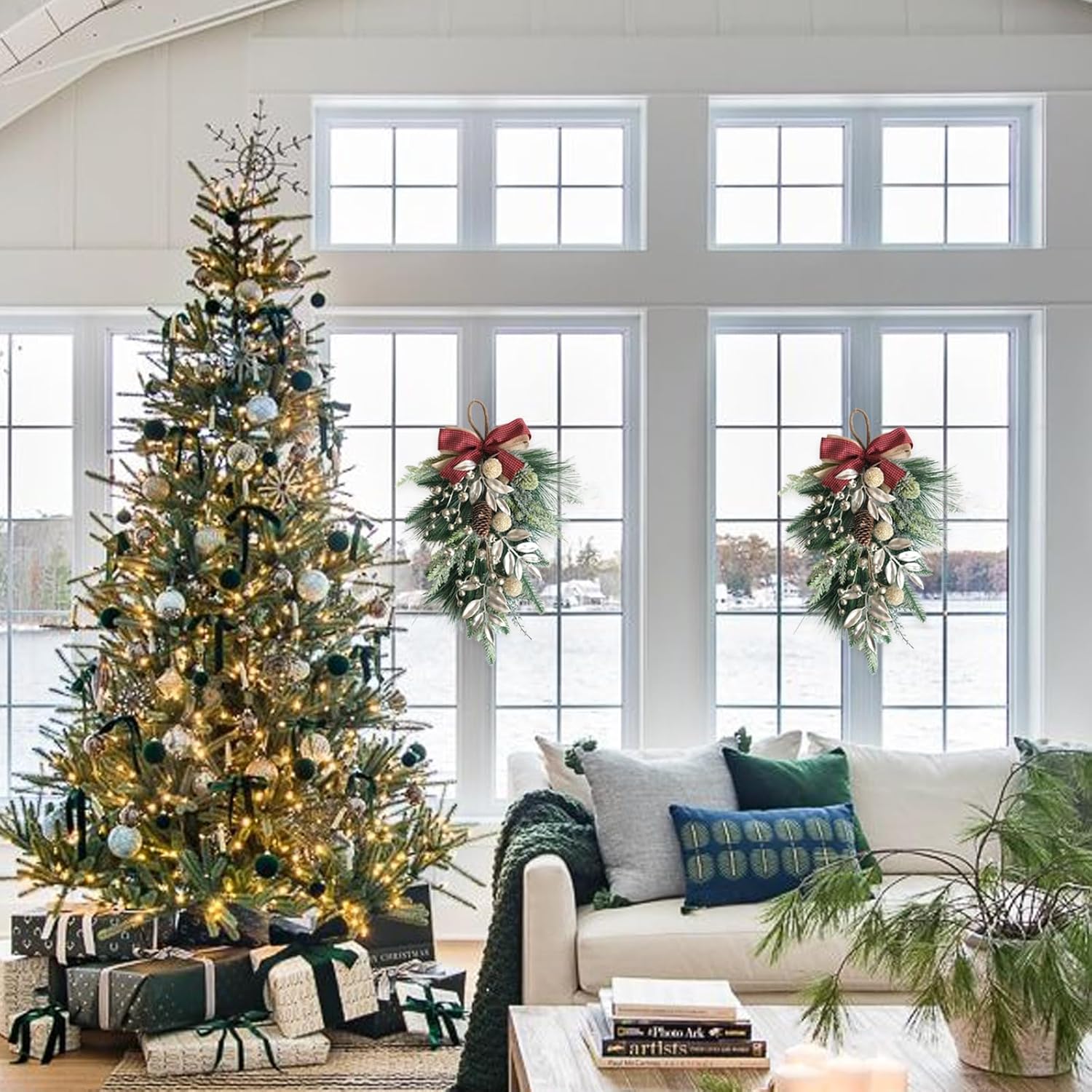 idyllic 2PCS Christmas Teardrop Swag Decor - 20 Inch Champagne Berry Wreath for Front Door, Fireplace, Includes Pine Cones, Spruce Branches, and Pine Needles - Perfect for Holiday Home Party Decor