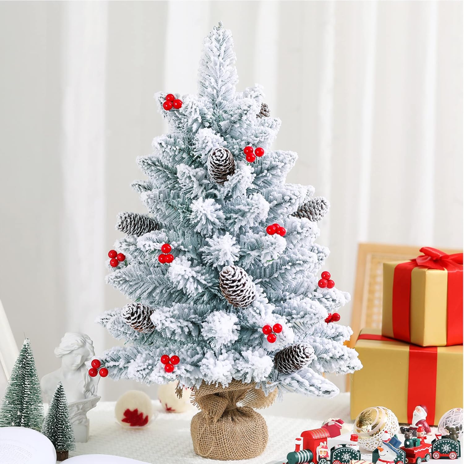 24 Inch Small Flocked Christmas Tree with Light, Prelit Mini