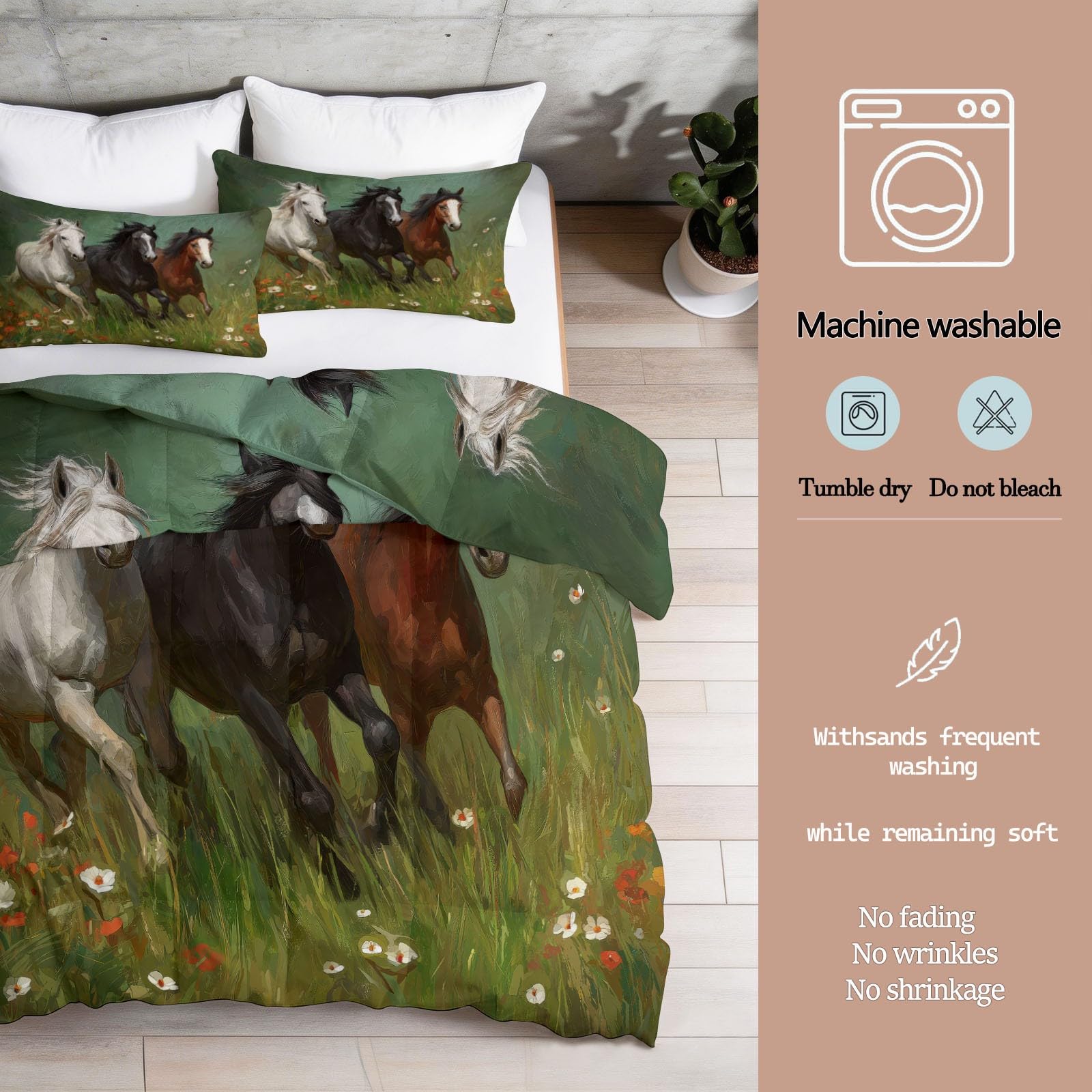 Genérico Edredón Cama Caballo, Animal Natural 240x220 cm, Edredón Reversible Sin Funda - Parure de Cama Tacto Suave, Listo para Usar y Lavado Fácil en Lavadora,Verde