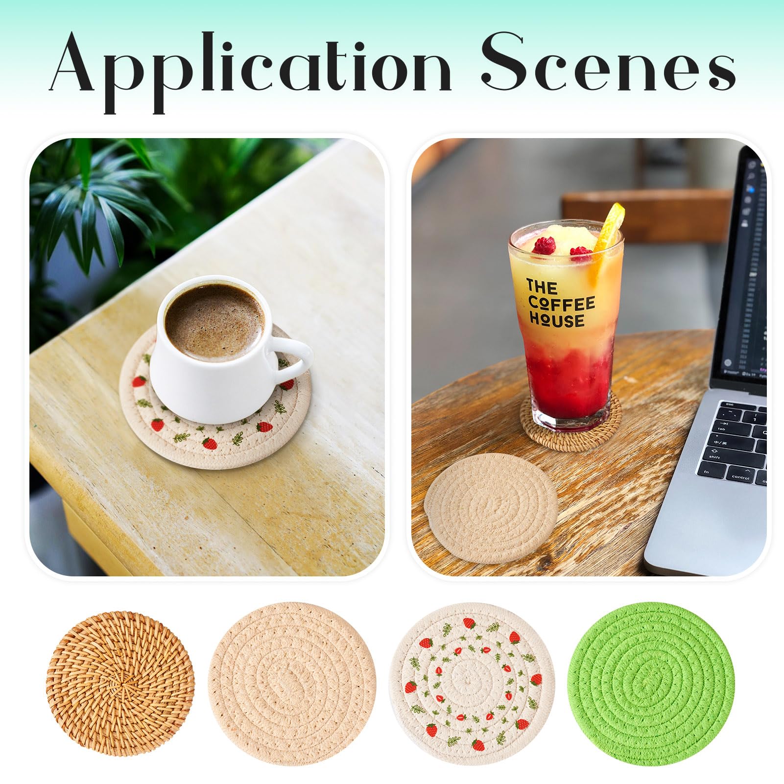 Handmade Woven Rattan Drink Coasters 8pcs Boho Cotton Coasters Farmhouse Non-Slip Absorbent Set Heat-Resistant Drink Coasters for Coffee Table Housewarming Gifts Home Decor Protecting Table - Image 4
