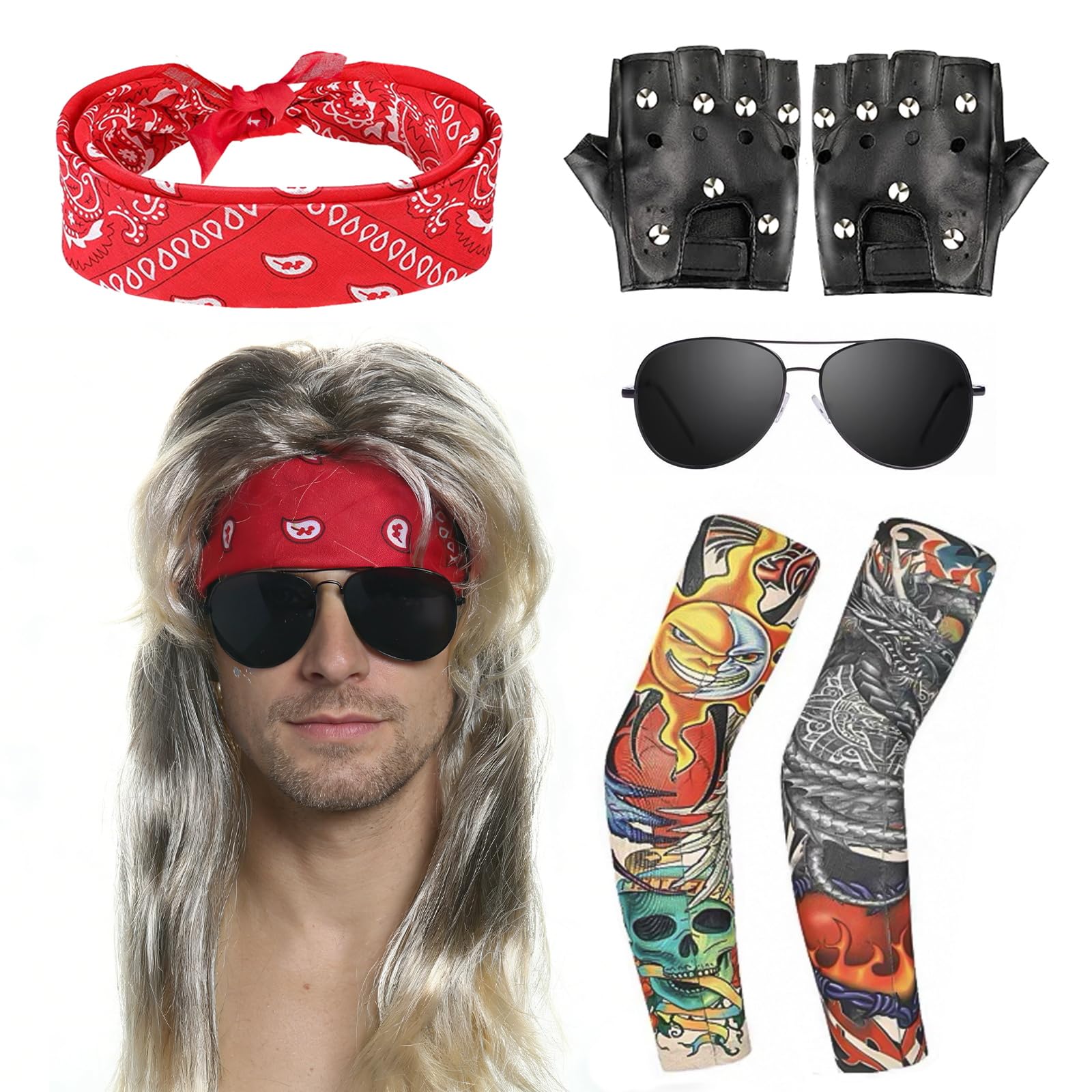 Photo 1 of BIBARAJM 5 Pcs Rocker Costume Men's Wigs brown Curls Disco Men's Party Costume Men with Wigs Sunglasses Sleeves Gloves Headscarves for 70s 80s 90s