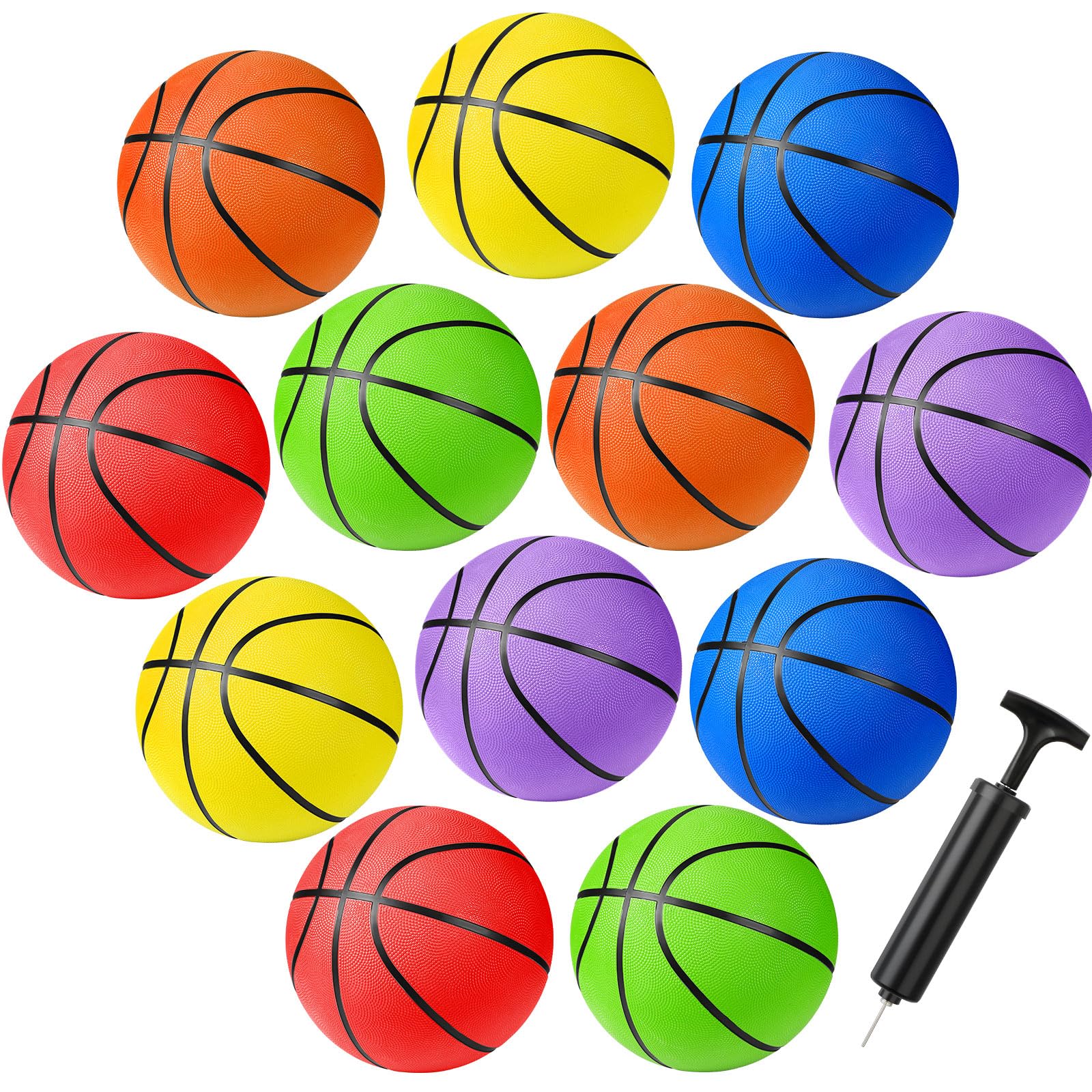 Jerify Confezione da 12 palline da basket in gomma, per interni ed esterni, dimensioni ufficiali, in 6 diversi colori, con pompa, per bambini, ragazzi, ragazze, per attività all'aperto e per allenarsi
