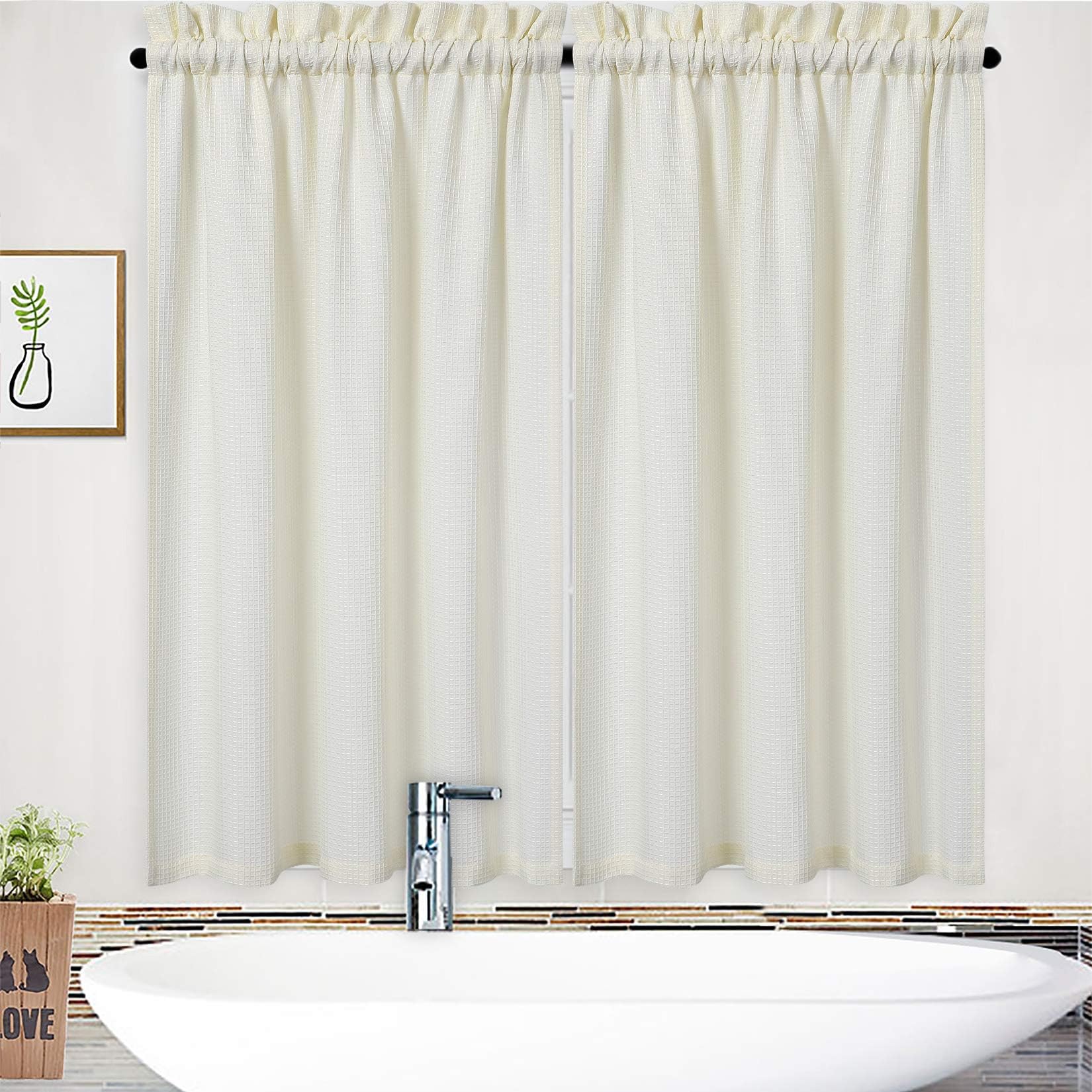 Short Tier Curtains, Waffle Weave Textured Bathroom Curtains Window Covering Kitchen Cafe Curtains - 30" x 54", Ivory, Set of 2