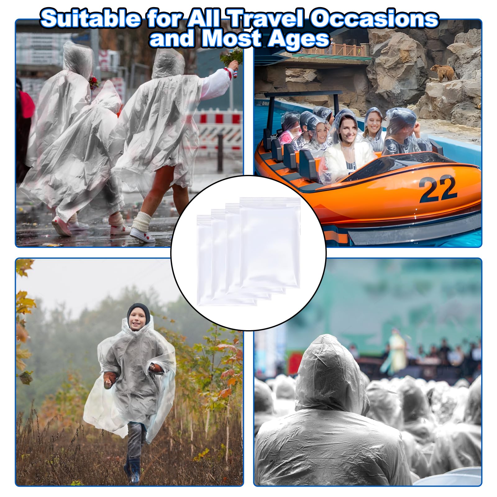 Paquete de 108 ponchos de lluvia para adultos con capucha, ponchos de lluvia desechables de plástico para emergencias, poncho para hombres, mujeres, niños, viajes, camping, senderismo,