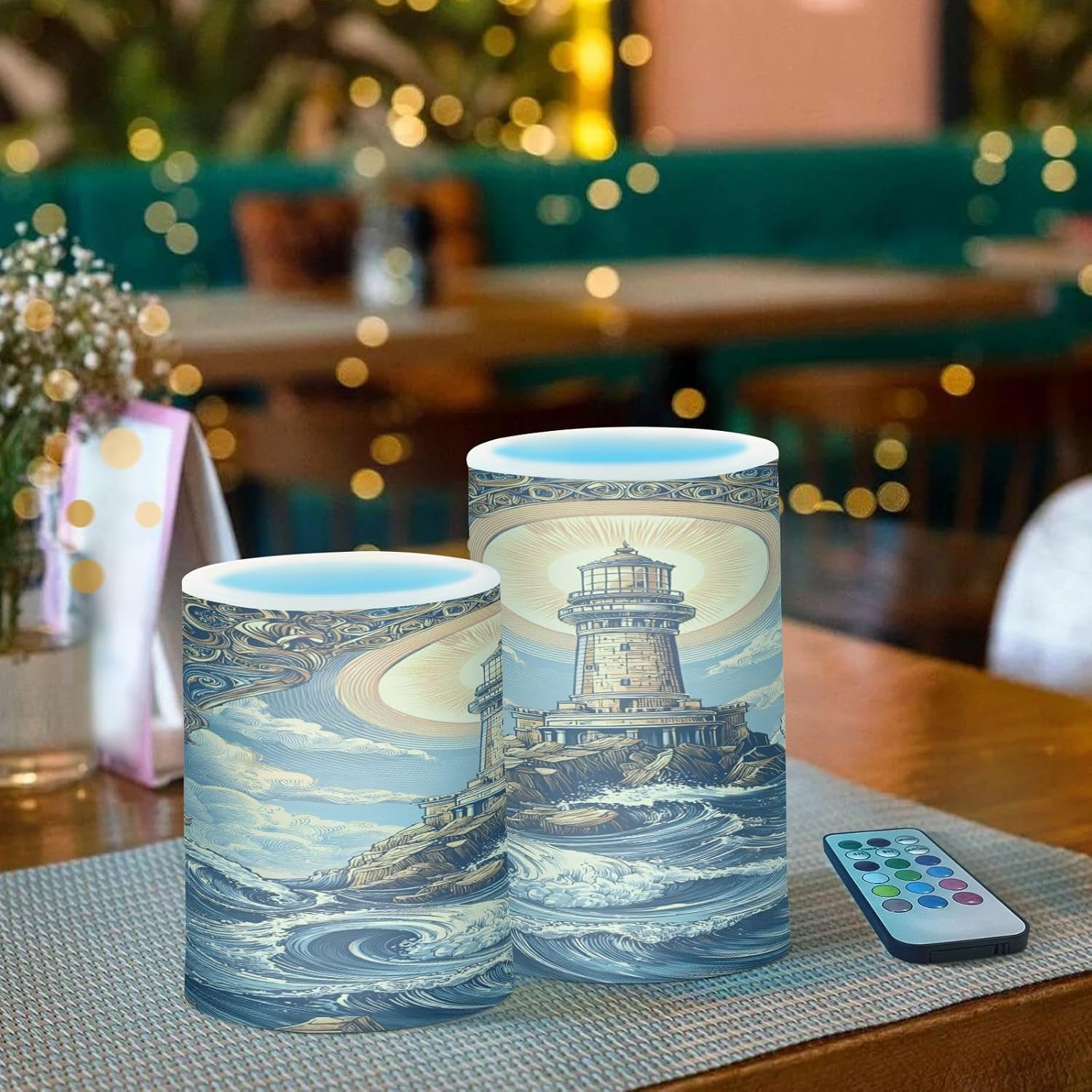 ALAZA Sea Wave Lighthouse Flickering Flameless Candles Pillar Led Candles Battery Operated Candles with Remote and Timers Set of 2